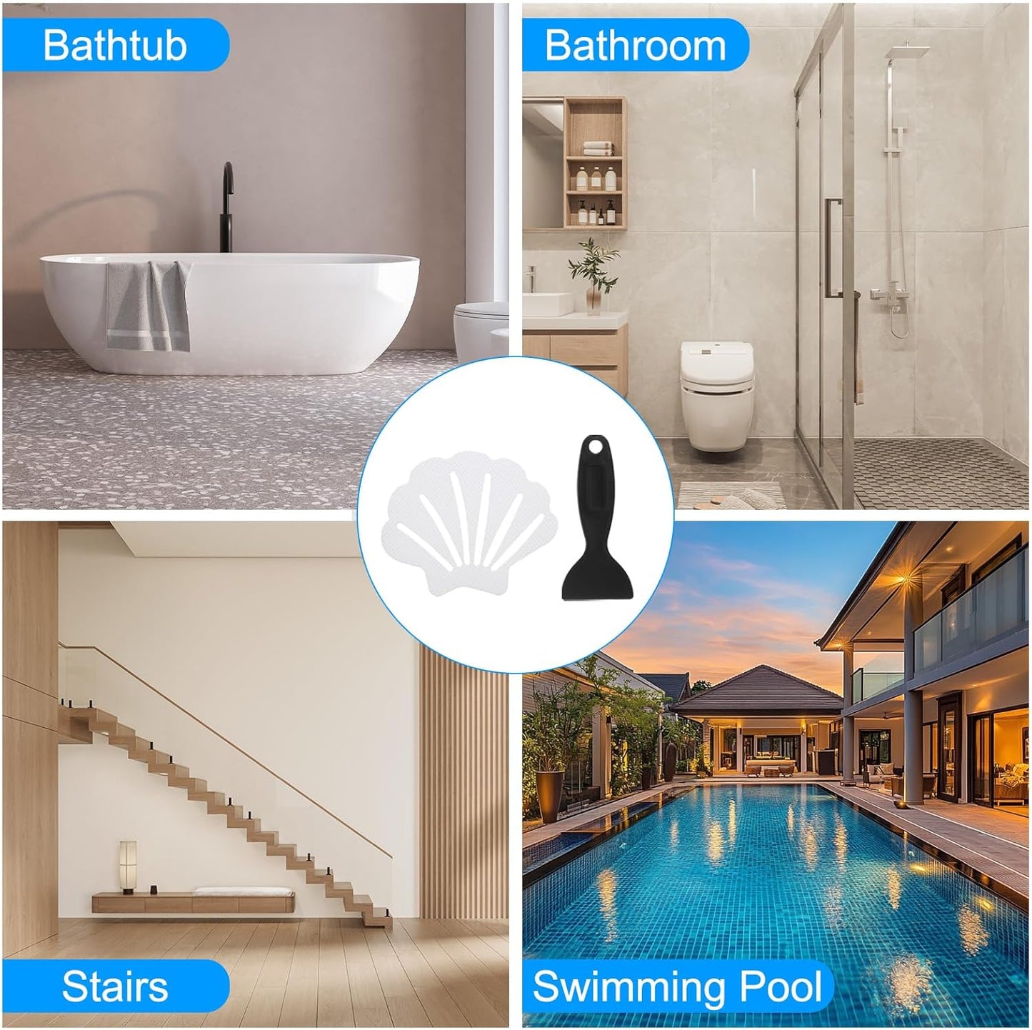 PATIKIL Bathtub Non Slip Stickers 3.54x2.76 Inch, 20 Pack Shell Safety Shower Floor Anti Slip Stickers with Adhesive Decals Scraper for Bath Tub Shower Floor Stair, Clear