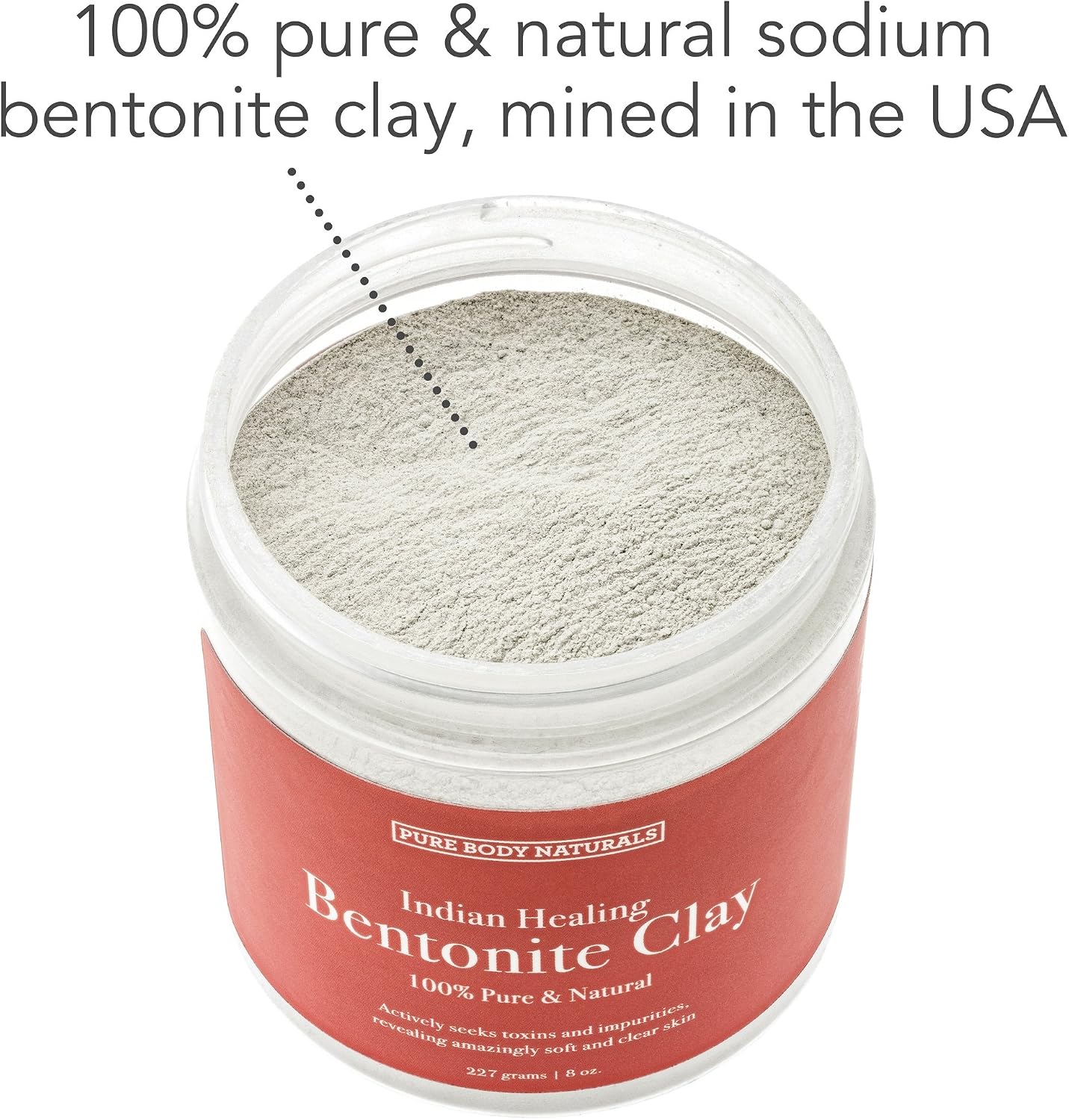 Pure Body Naturals Bentonite Indian Healing Clay - 16 Oz - 100% Pure Sodium Bentonite - Therapeutic Grade - Face Skin Care, Deep Skin Pore Cleansing, Detoxifying, Revitalization