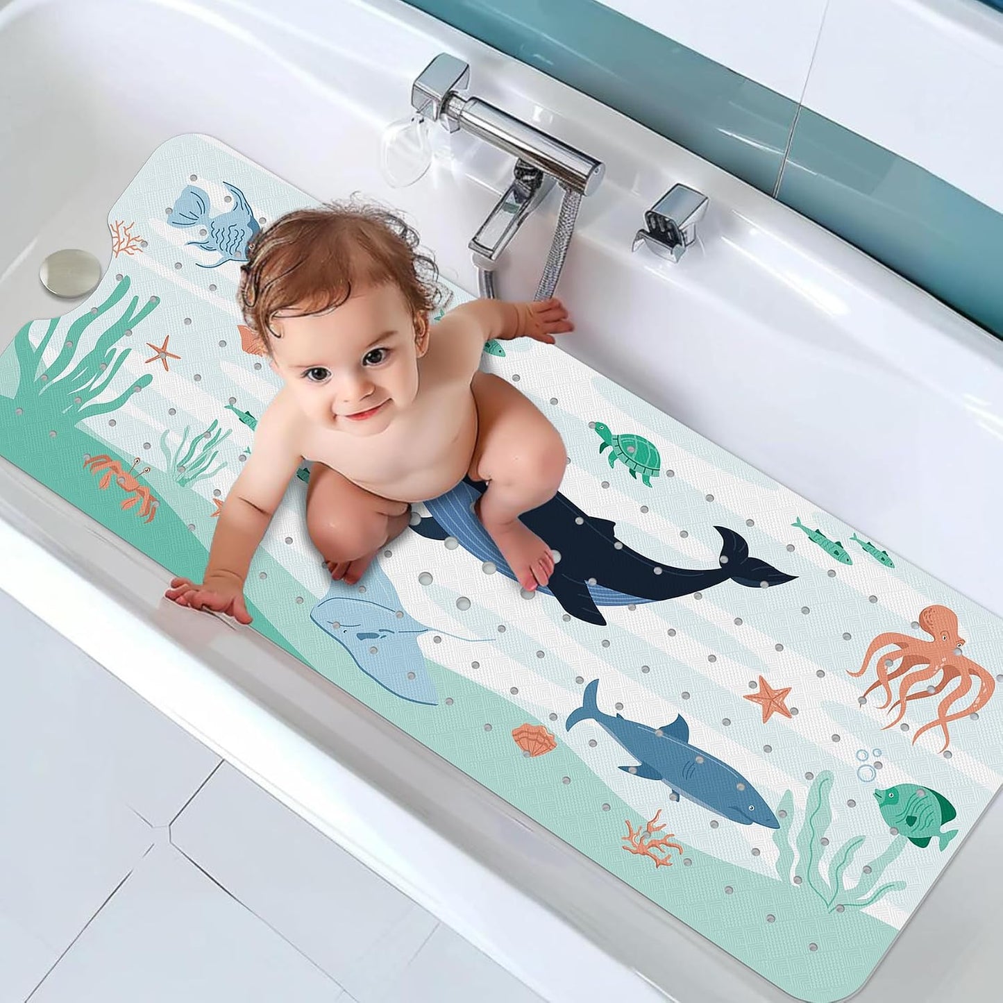 NiBaby Non-Slip Baby Bath Mat with Powerful Suction Cups, 102x41cm Large Size Quick Drain for Children & Elderly Safety in Showers and Tubs, Machine Washable Durable PVC Comfortable & Safe (Whale)