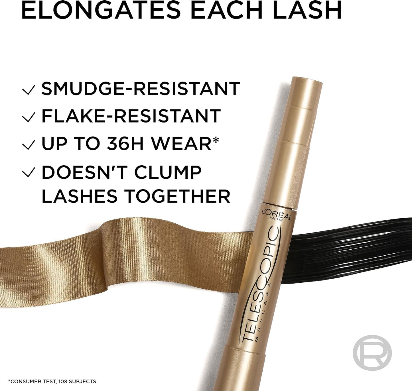 L'Oréal Paris Mascara, Telescopic Original Mascara to Achieve Dramatic Length & Definition, Up to +71% Lengthening Effect, Smudge-Resistant and Long-Wearing Formula for Up to 36H Wear, 8ml