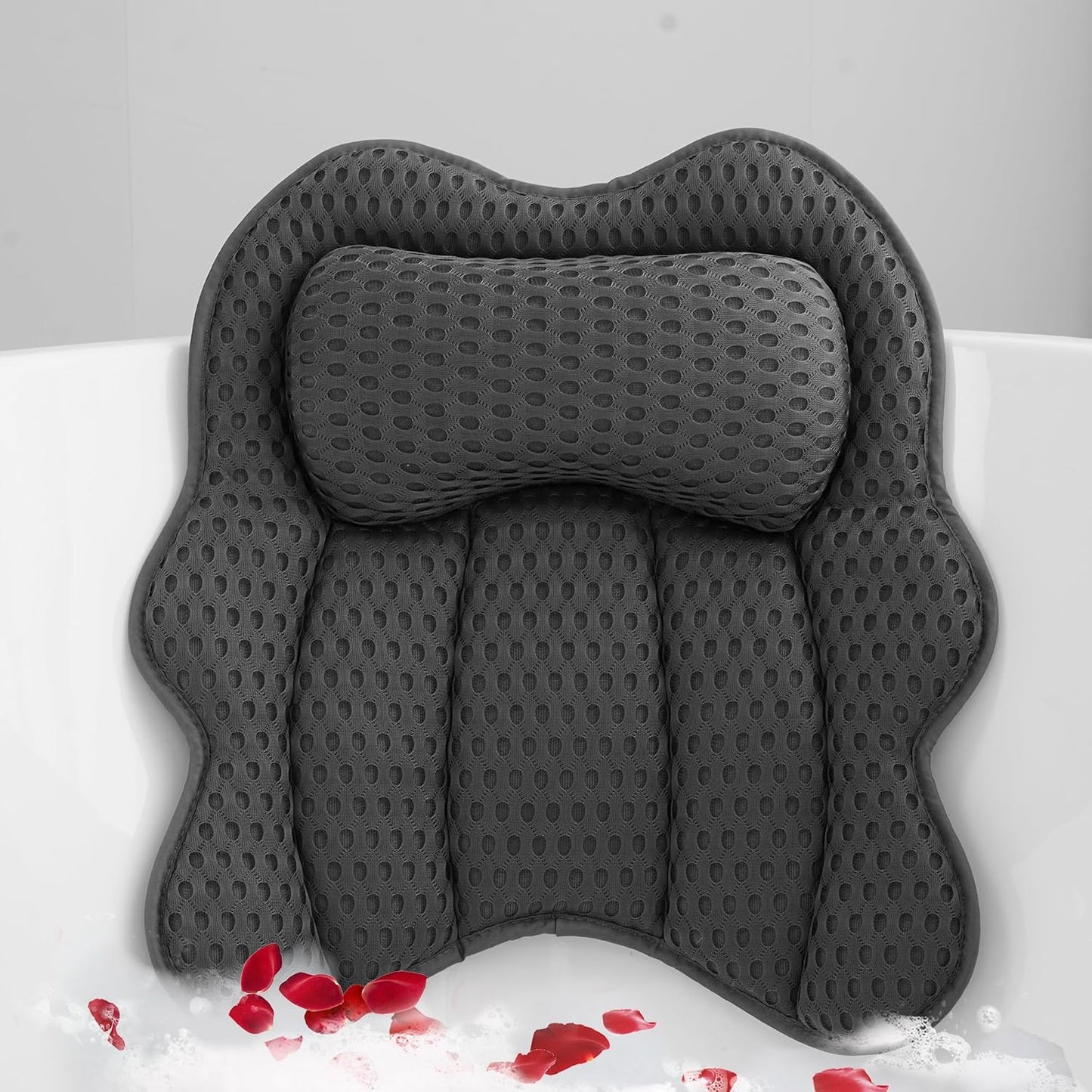 Luxury Bathtub Pillow, 4D Air Mesh Fabric for Breathability & Quick-Drying, Extra Thick Spa Cushion for Head, Neck, Back Support, Non-Slip Tub Pillow with Strong Suction Cups (Gray)