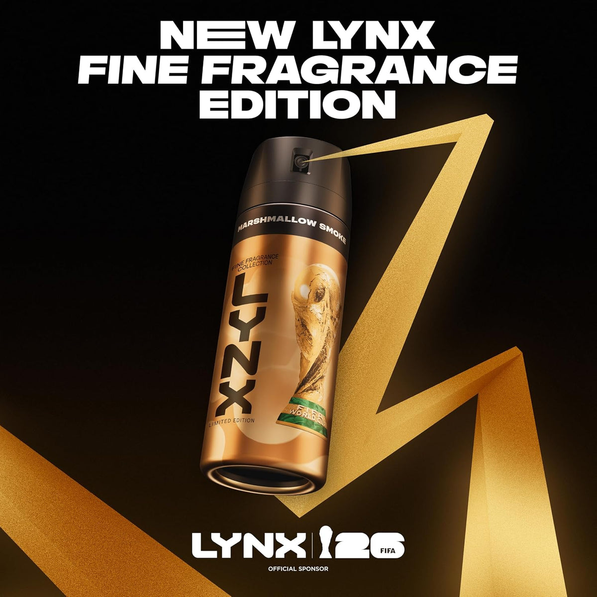 Lynx Limited-Edition FIFA Fine Fragrance Collection Marshmallow Smoke Premium Body Spray men's deodorant infused with a vanilla, hazelnut & dark musk scent for 72 hours of freshness 150 ml