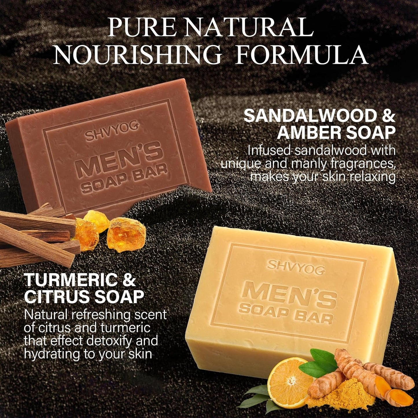 4 Pcs Natural Men`s Soap, SHVYOG Men`s Bar Soap, Handmade Exfoliating, Deep Cleansing, Refreshing, Moisturizing Bar for Body & Face - Sandalwood Amber, Mint, Charcoal, Turmeric, 600g