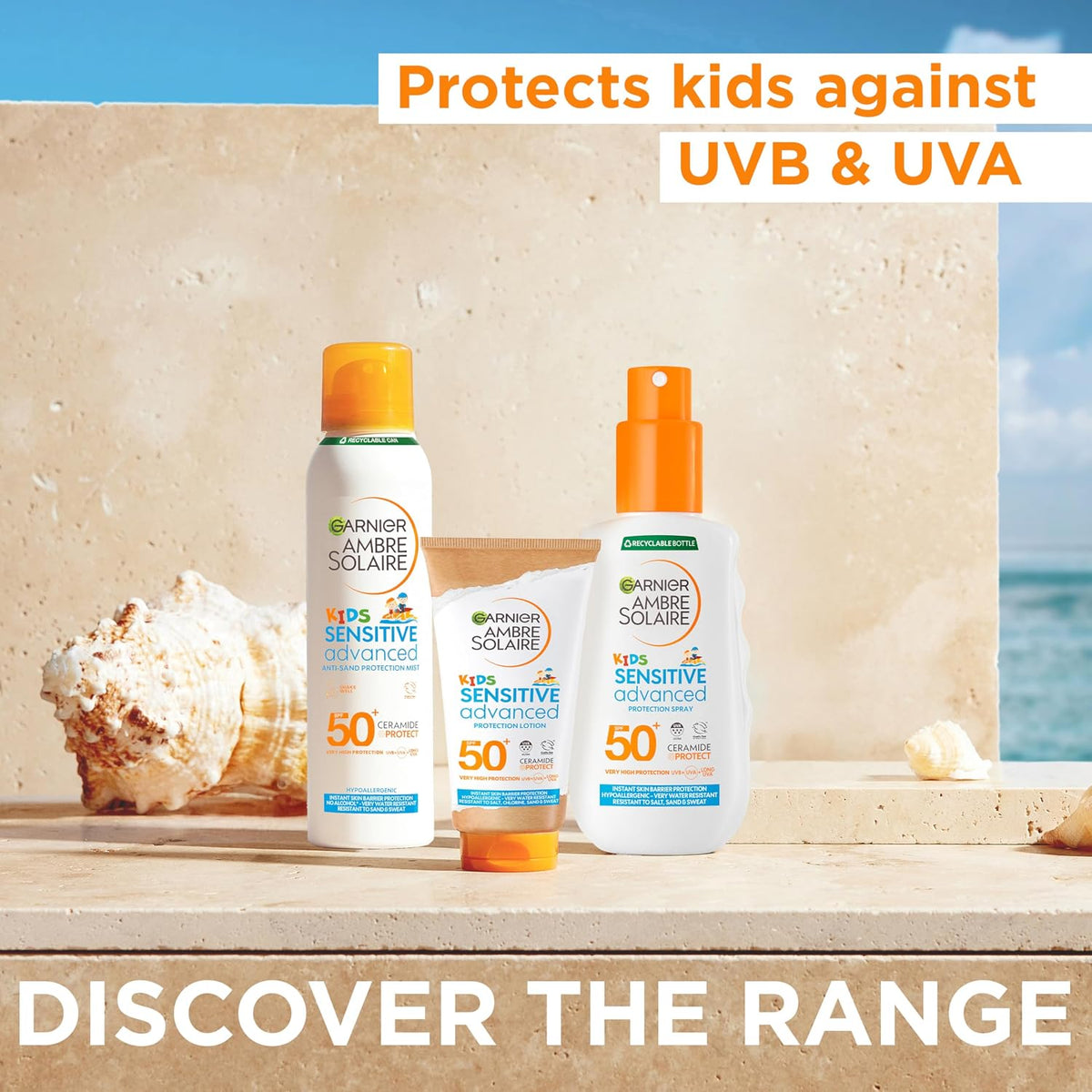 Garnier Ambre Solaire Sun Cream SPF 50+ Sensitive Advanced Kids Anti-Sand Sun Protection Mist Spray, Very High Protection UVA & UVB, Water Resistant, For Face & Body, Cruelty Free 150ml