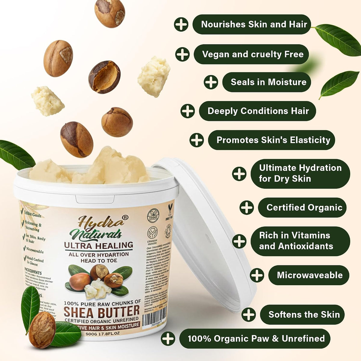 Hydra Naturals Unrefined Shea Butter 500g – 100% Pure, Raw, Organic, Cold Pressed – Natural Moisturiser for Hair, Smooth Skin, Face & Body – DIY Beauty, Dry Scalp, Anti-Aging Care