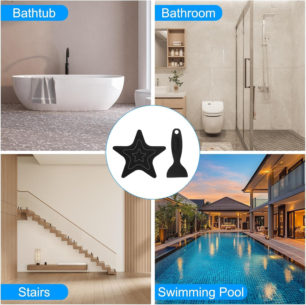 PATIKIL Bathtub Non Slip Stickers, 12 Pack Star Safety Shower Floor Anti Slip Stickers with Adhesive Decals Scraper for Bath Tub Shower Floor Stair, Black