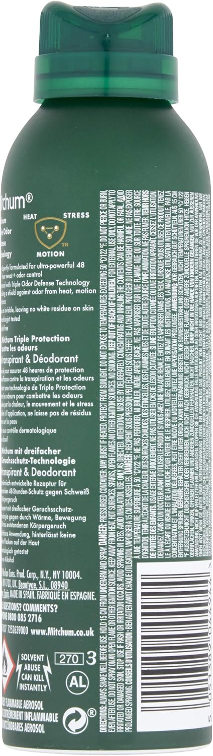 Mitchum Men Triple Odor Defense 48HR Protection Deodorant Spray & Antiperspirant (200ml) Clean Control, Dermatologist Tested (Packaging may vary)