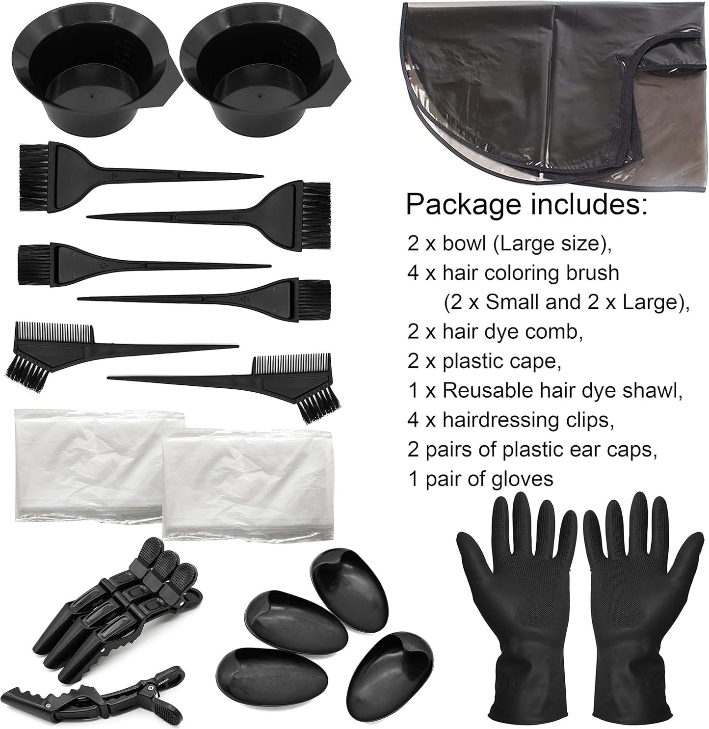 Beayuer 21 Pieces Hair Dye Tools, DIY Salon Hair Coloring Bleaching Tools Set including Hair Tinting Bowl, Dye Brush, Ear Cover, Hair Highlighting Cape, Shawl, Gloves, Hair Clip Kits (21 Pcs, Black)