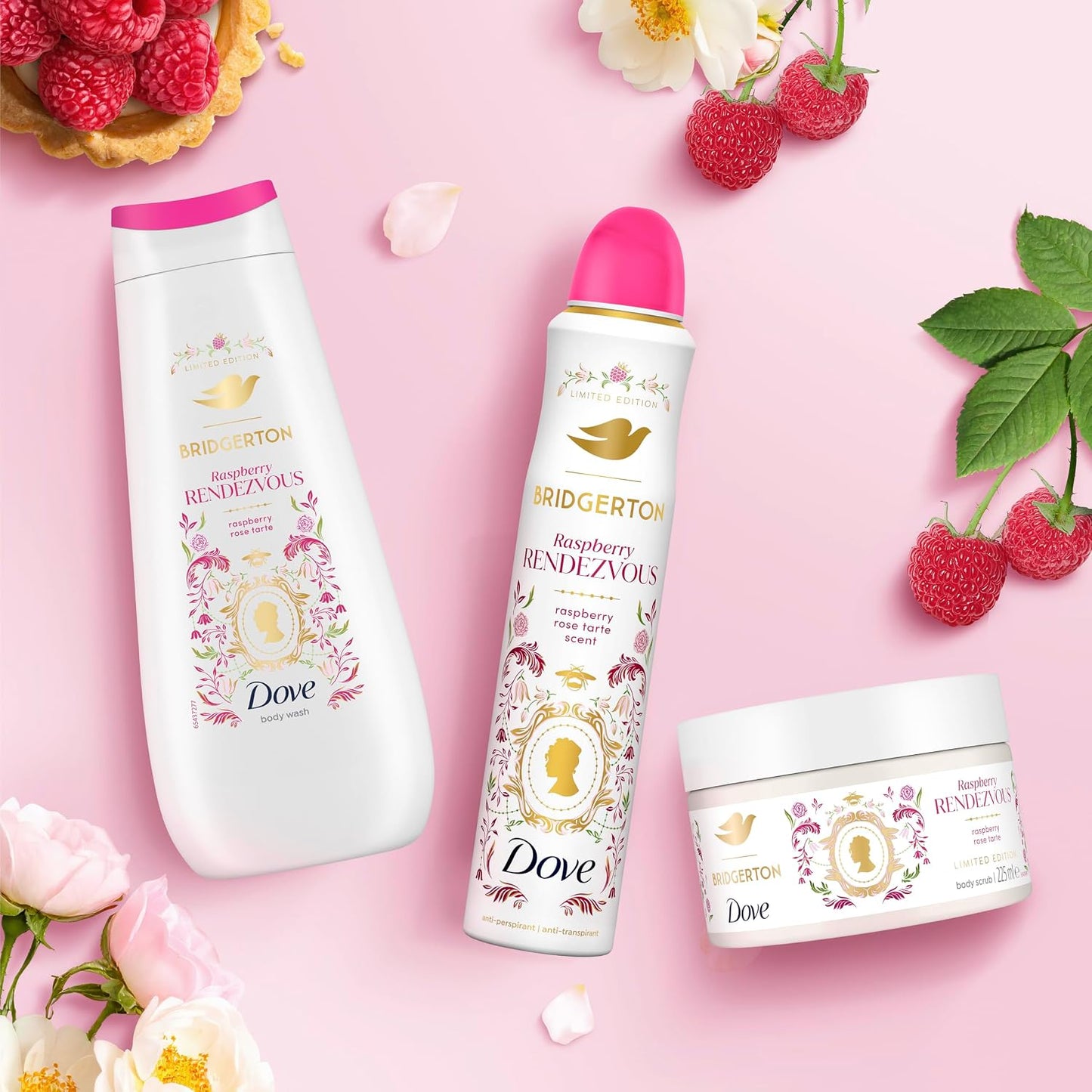 Dove Limited Edition Bridgerton Raspberry Rendezvous Body Scrub exfoliating scrub with a raspberry & rose tart scent for deep nourishment 225 ml