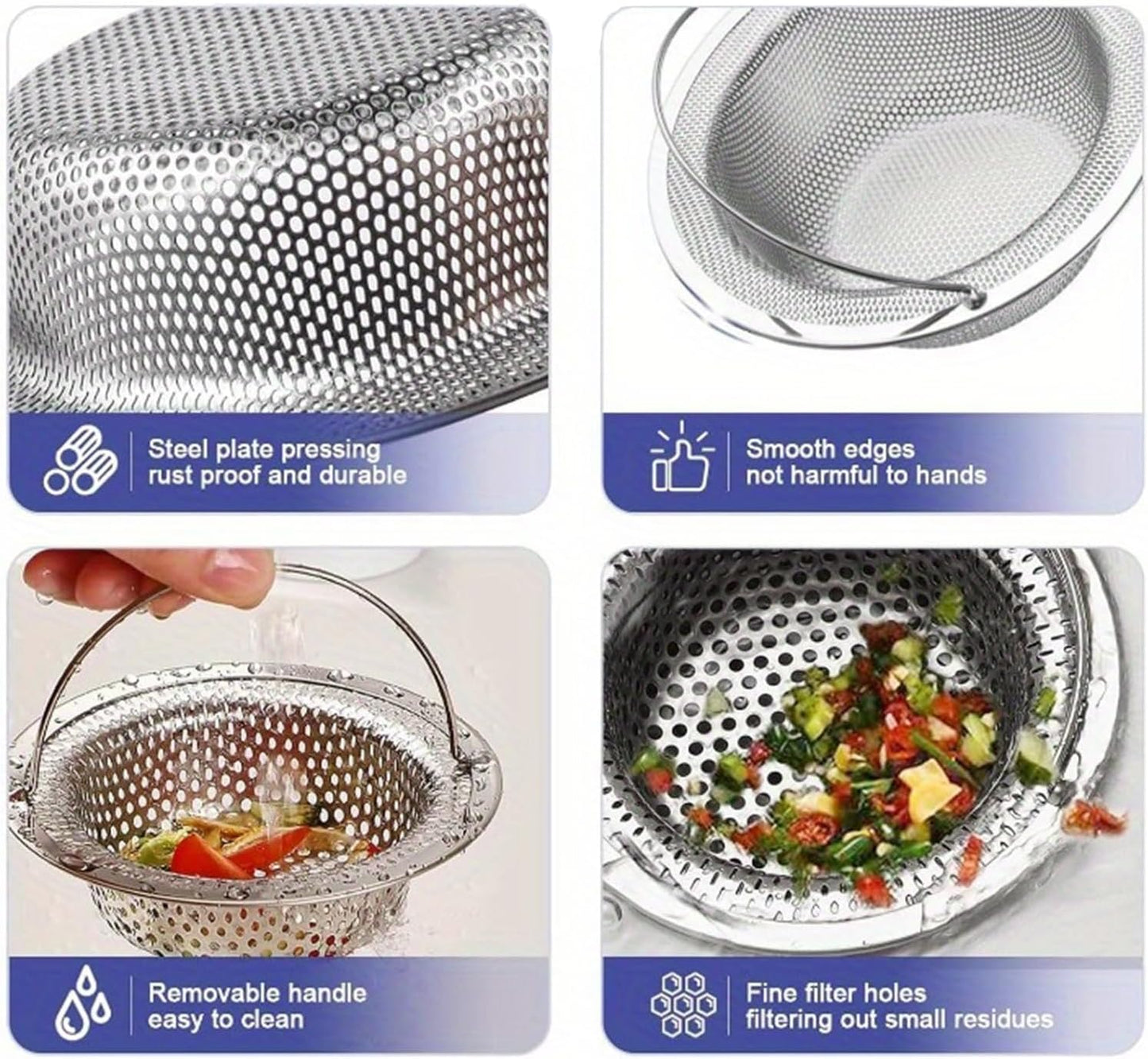 2 Pack Kitchen Sink Strainer with Lift-Up Handle, 11cm Stainless Steel Sink Sieve for 110mm Drain Hole, 1mm High-Density Perforated Basket Food Catcher, 3cm Deep Anti-Clogging Filter