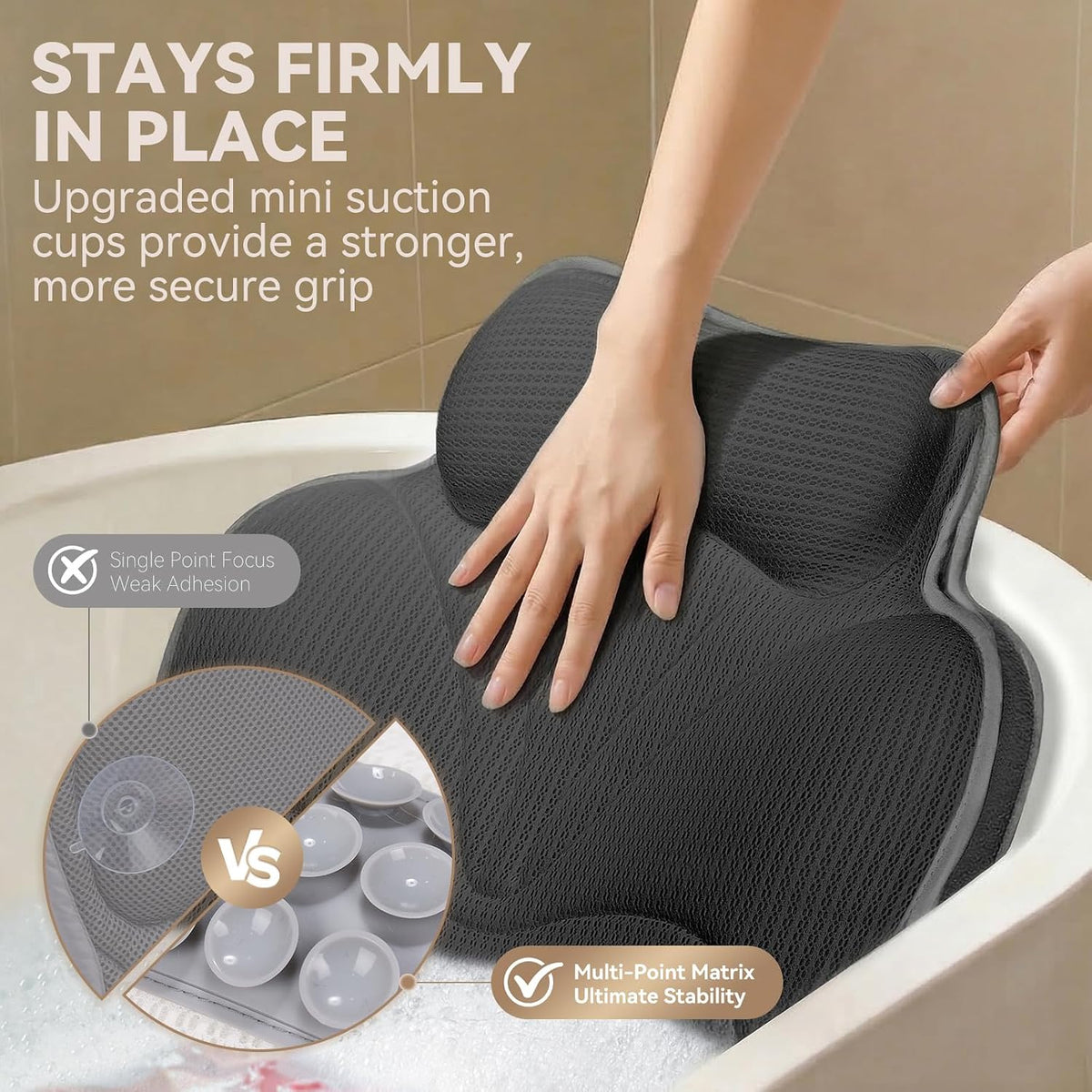 Poemland Bath Pillow for Tub - Luxury Bath Pillow for Neck, Head & Back Support, Soft 5D Mesh Quick Dry Fabric, 54 Non-Slip Suction Cups, Bathing Accessories & Spa Gifts for Women, Grey