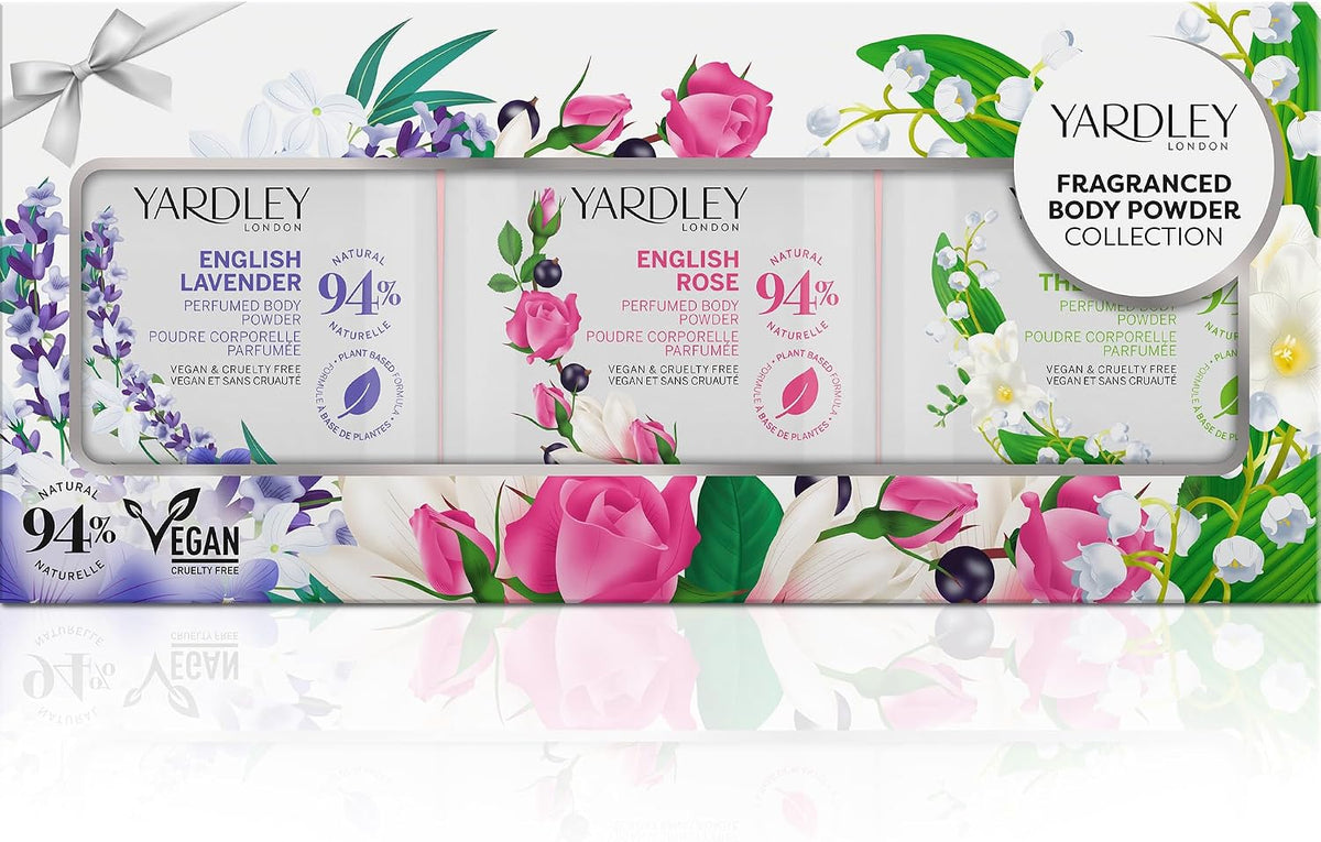Yardley London Mini Perfumed Powder Trio Collection, English Lavender, English Rose & Lily of the Valley, Dusting Body Powder Gift for Women, Silky Soft Finish, Vegan, 98% Natural Ingredients