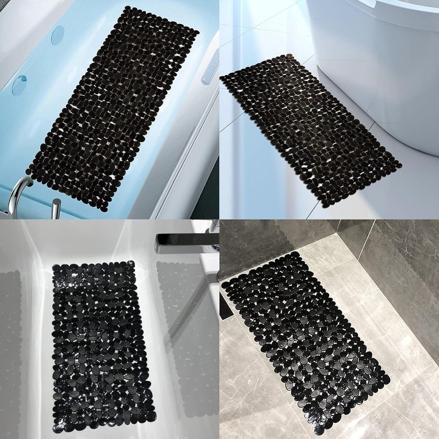 Marsheepy Non-Slip Pebble Bath Mat,Extra Long Anti Slip Bathtub Shower Mat with Suction Cups and Drain Holes for Bathroom,Machine Washable,40 x 88 CM,Black