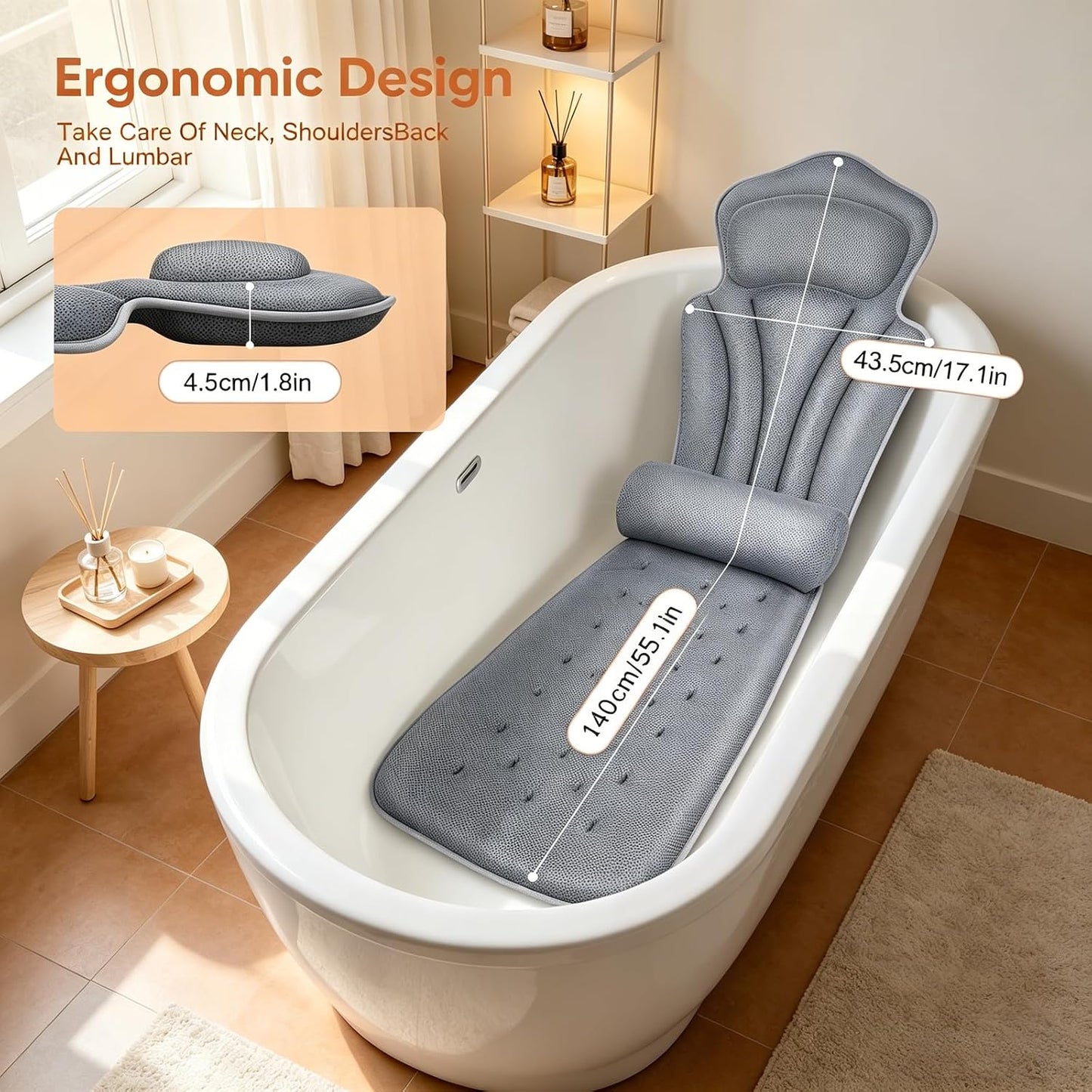 Bath Pillow with Extra Lumbar Cushion – 144 Suction Cups (12x More Hold!) 4D Soft Bath Pillows for Head and Neck, Large 133 x 41 cm Bath Cushion for Bathtub, Includes Wash Bag