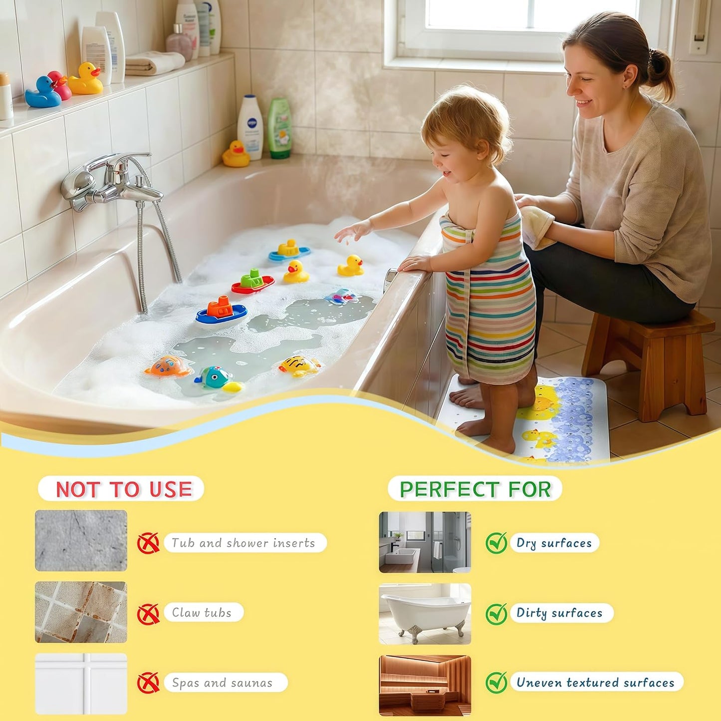 Bath Mat Non Slip Cute Yellow Duck - 100x40cm Extra Long Kids Bath Mat Anti Mould, Machine Washable Toddler Shower Mat with Suction Cups for Secure Grip, Easy Clean & Fast Drying