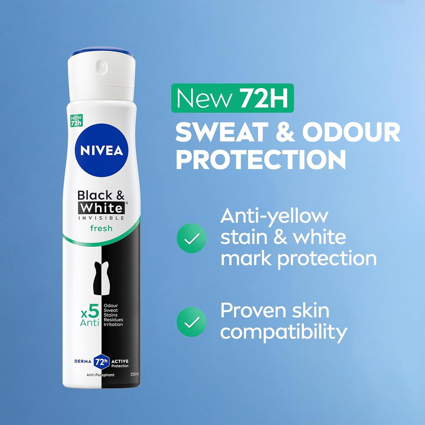 NIVEA Black & White Fresh Anti-Perspirant Spray (250ml), 72hr Anti-Sweat Women's Deodorant Spray, No Stains on Black and White Clothes