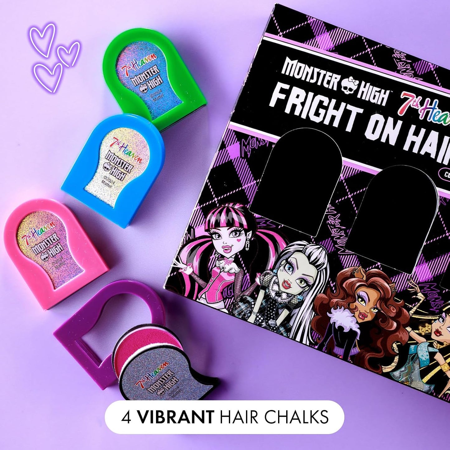 7th Heaven x Monster High Hair Chalk (Set of 4 Kids Chalk) Pink, Green, Blue and Purple Temporary Kids Hair Colour, Easy to Apply and Wash Out - Genuine 7th Heaven Haircare