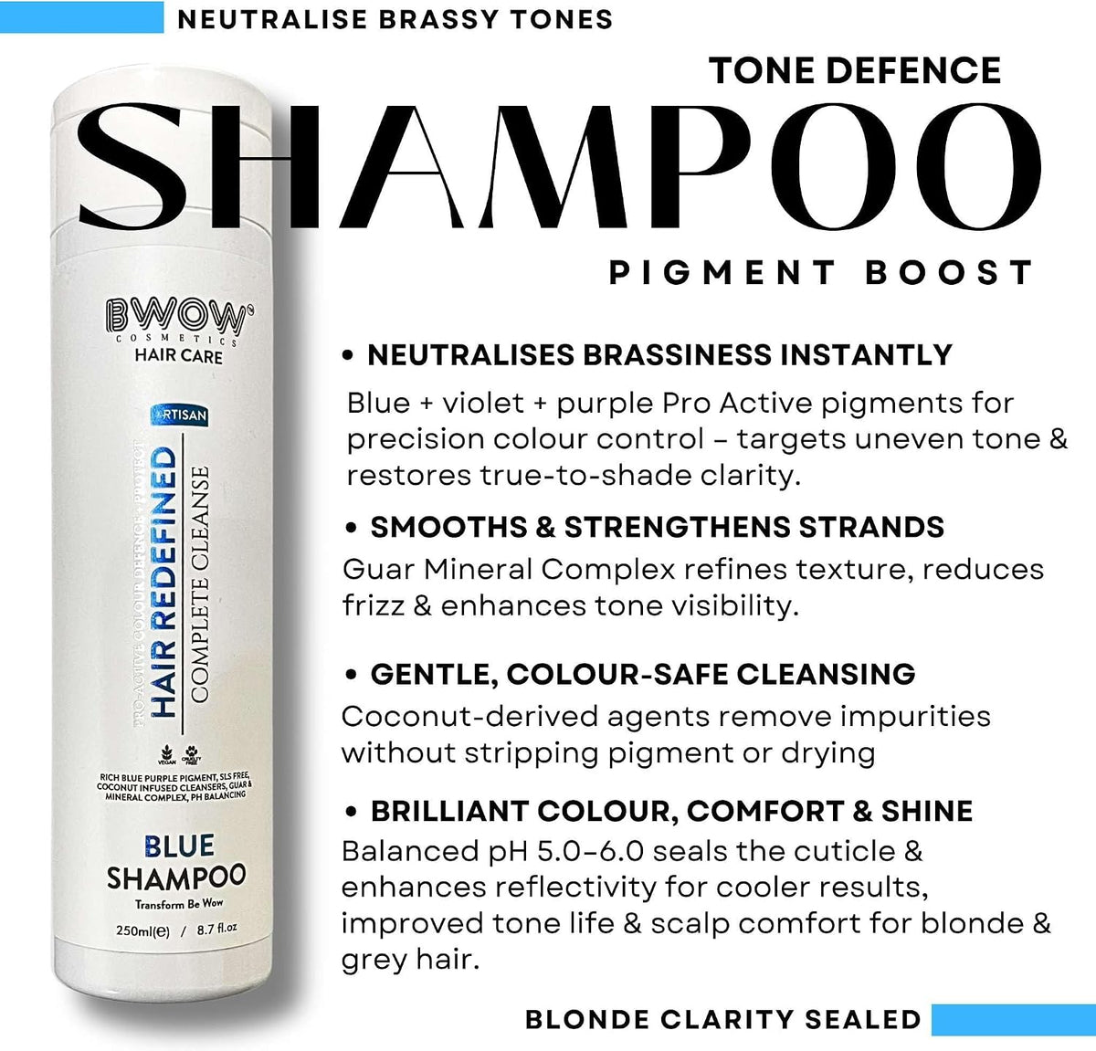 Blue Purple Shampoo for Blonde Grey Silver Highlighted Hair Pro Active Colour Defence + Protect Revive + Refresh Brilliant Brassy Tone Correcting Pigment Deposit Vegan Guar Mineral Complex 250ml