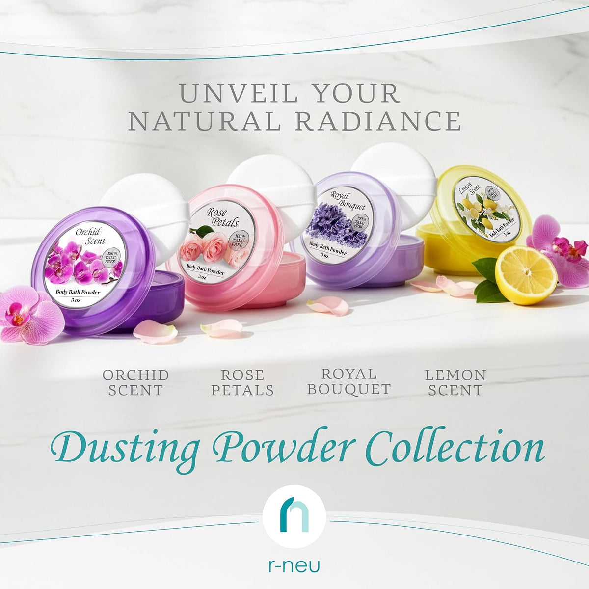 R-NEU 1 Pack Body Powder for Women with Puff, 100% Talc-Free, Luminous Lemon Scented Dust, After Bath for Soft Skin, Extra Large,(5oz)