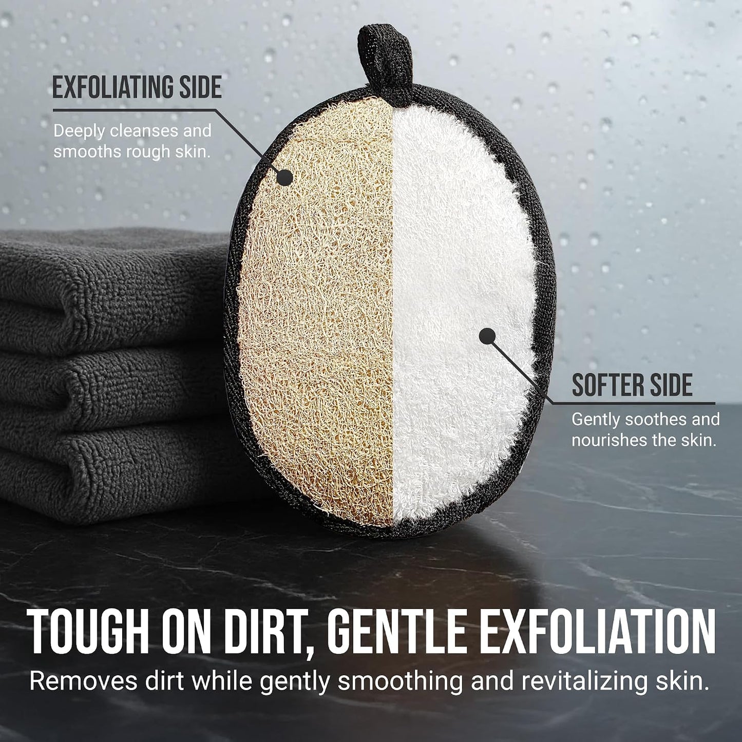 CraftsOfEgypt Men’s Loofah Body Scrubber - Egyptian Luffa Sponge Shower Pad for Male Hygiene Essentials, Dual-Sided Loofah Mitt and Body Wash Scrubber for Back, Chest and Bath - Black & White, 2PCS