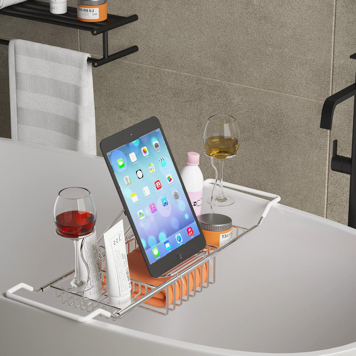 iPEGTOP Extendable Bathtub Caddy Tray - 304 Stainless Steel Over Bath Tub Racks Shower Organizer, with Removable Wine Glass Holders and Book Holder