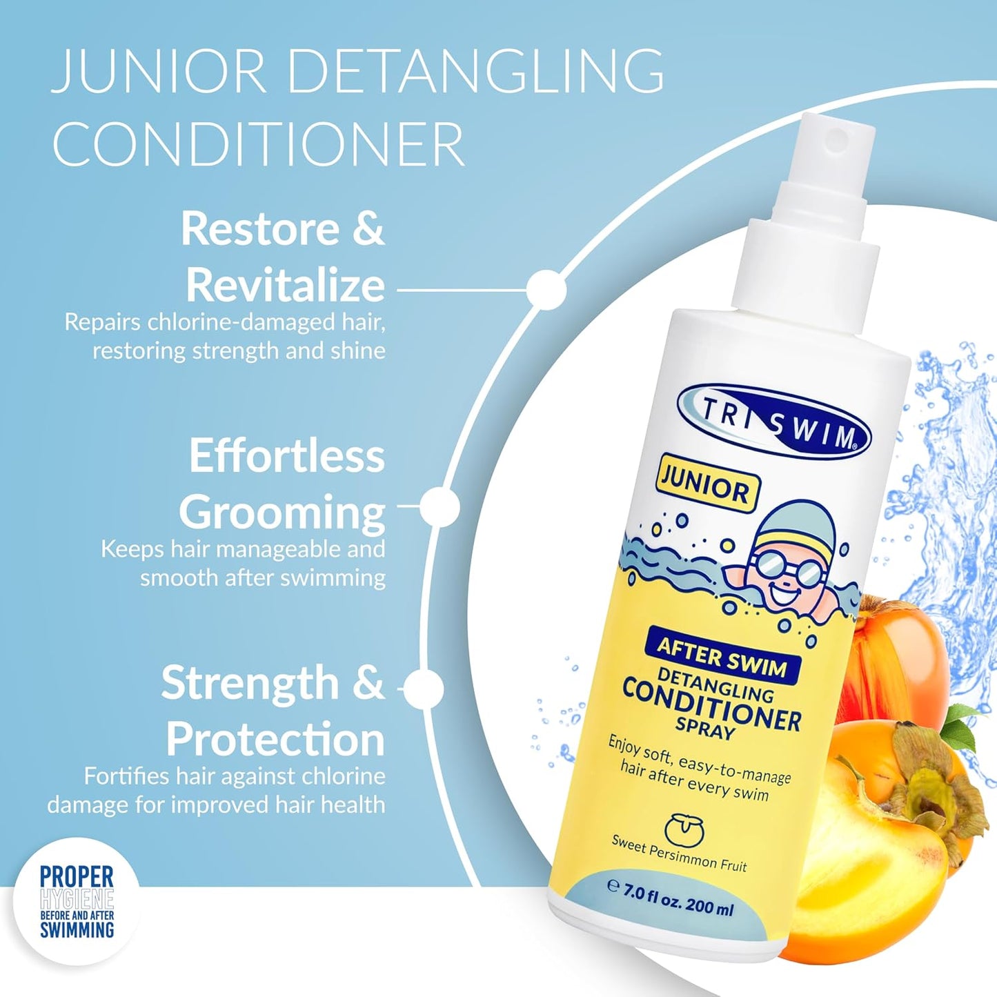 TRISWIM Junior After Swim Detangling Conditioner Spray for Kids | Protects & Repairs Hair Damaged by Chlorine, Pool Chemicals & Saltwater | Post Swimming Hair Detangler | Sweet Persimmon Fruit, 200 ml