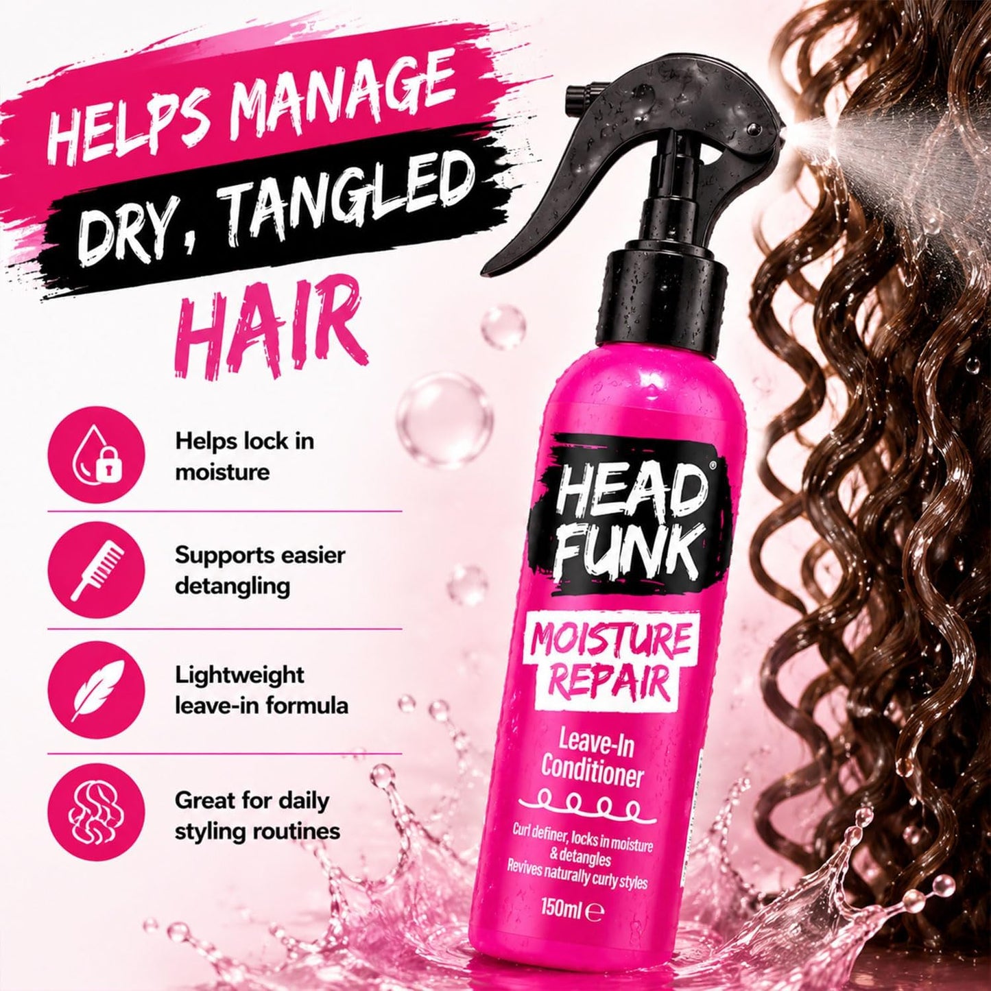 Head Funk Moisture Repair Spray Leave In Conditioner for Curly Hair 150ml (Pack of 2) – Curl Defining Hair Conditioner, Frizz Control, Deep Hydration, Detangles Knots, Leaves Curls Soft & Smooth