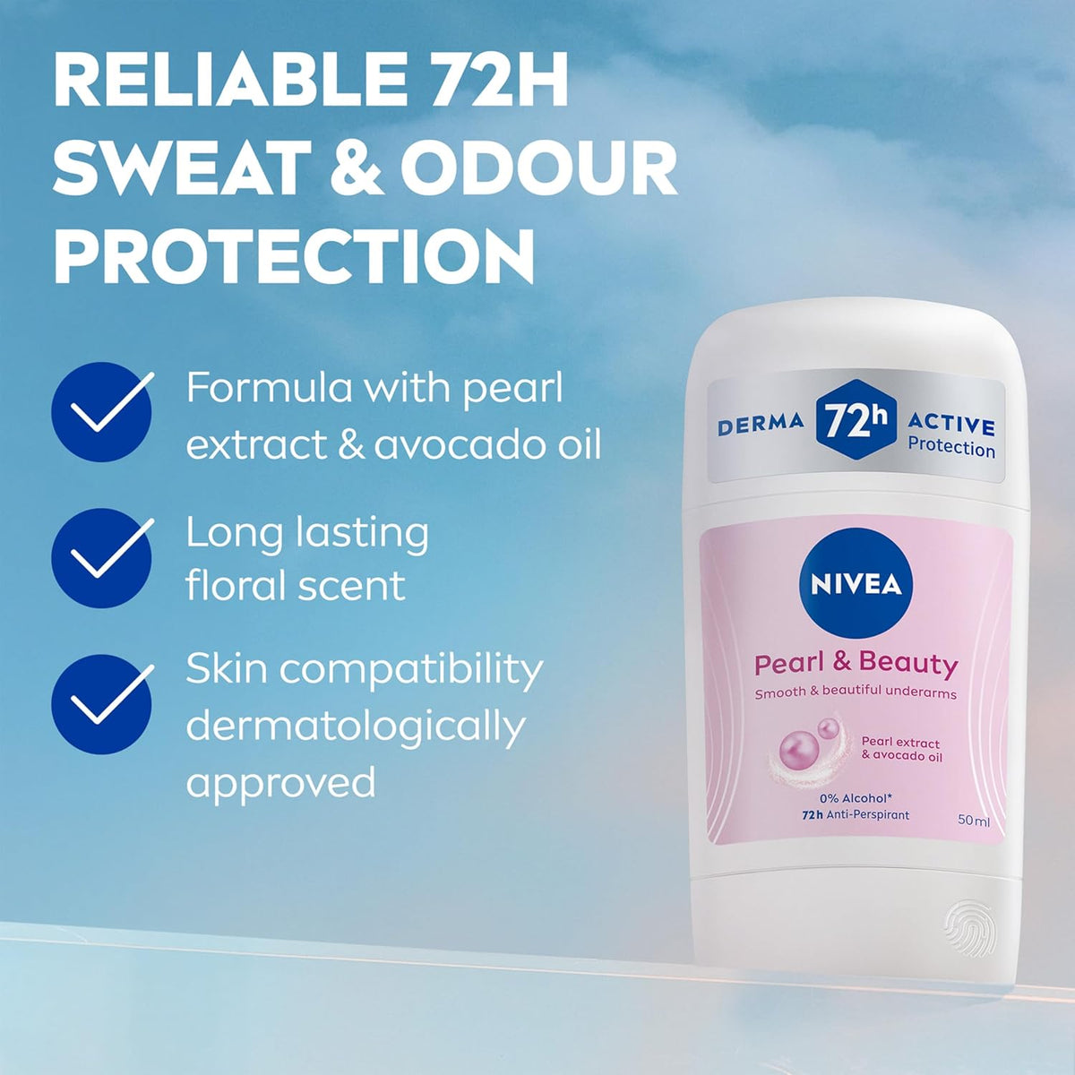 NIVEA Pearl & Beauty Anti-Perspirant Deodorant Stick (50ml, Pack of 1), Women's Deodorant Stick with 72H Sweat and Odour Protection, Anti-Perspirant for Women with Pearl Extracts