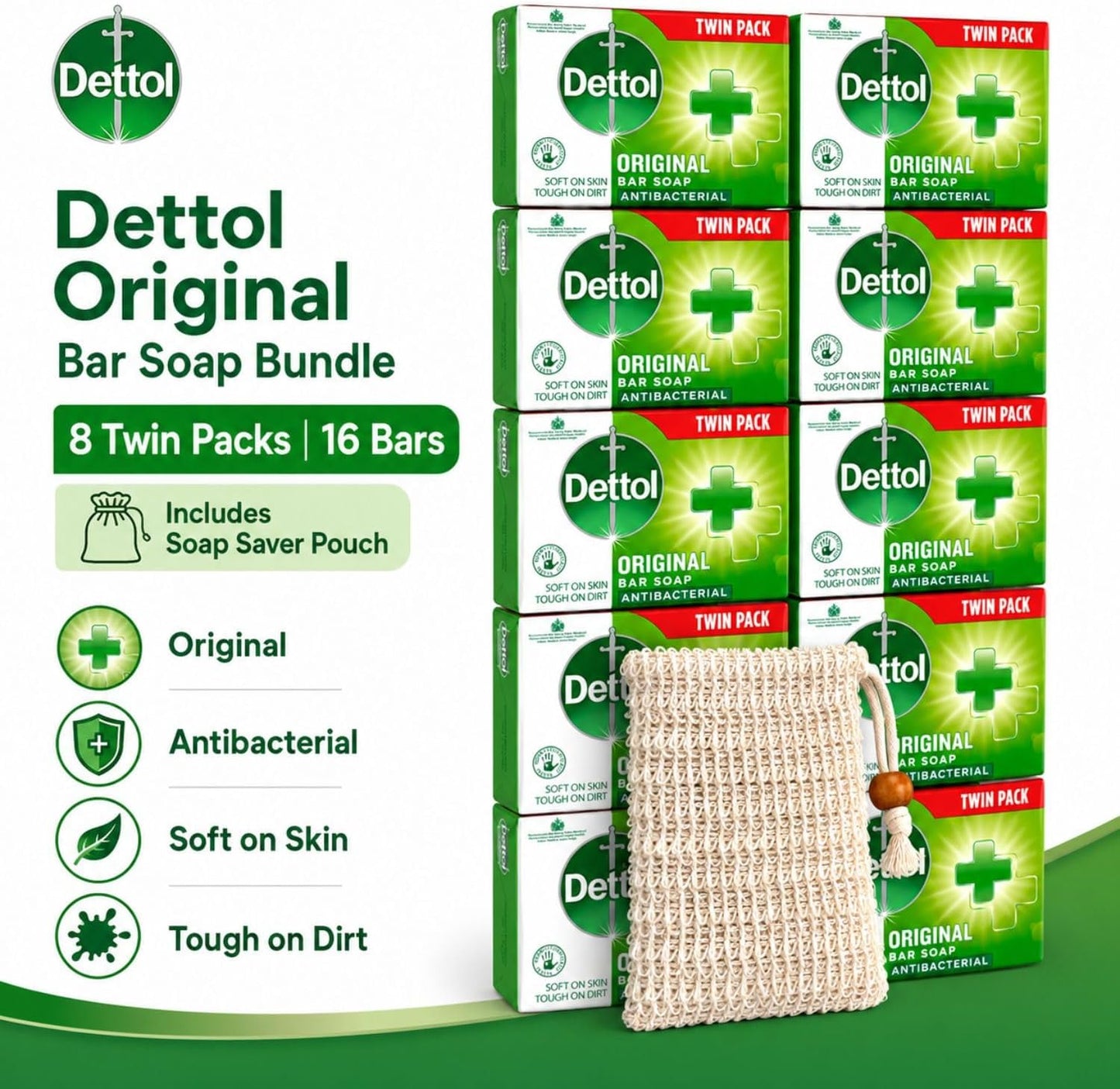 Dettol Soap Original Antibacterial Bar - 4 Twin Pack, 8 x 100g Antibacterial Hand & Body Soap Bar – Disinfects and Kills 99.99% of Germs, Ideal for Handwashing and Cleansing