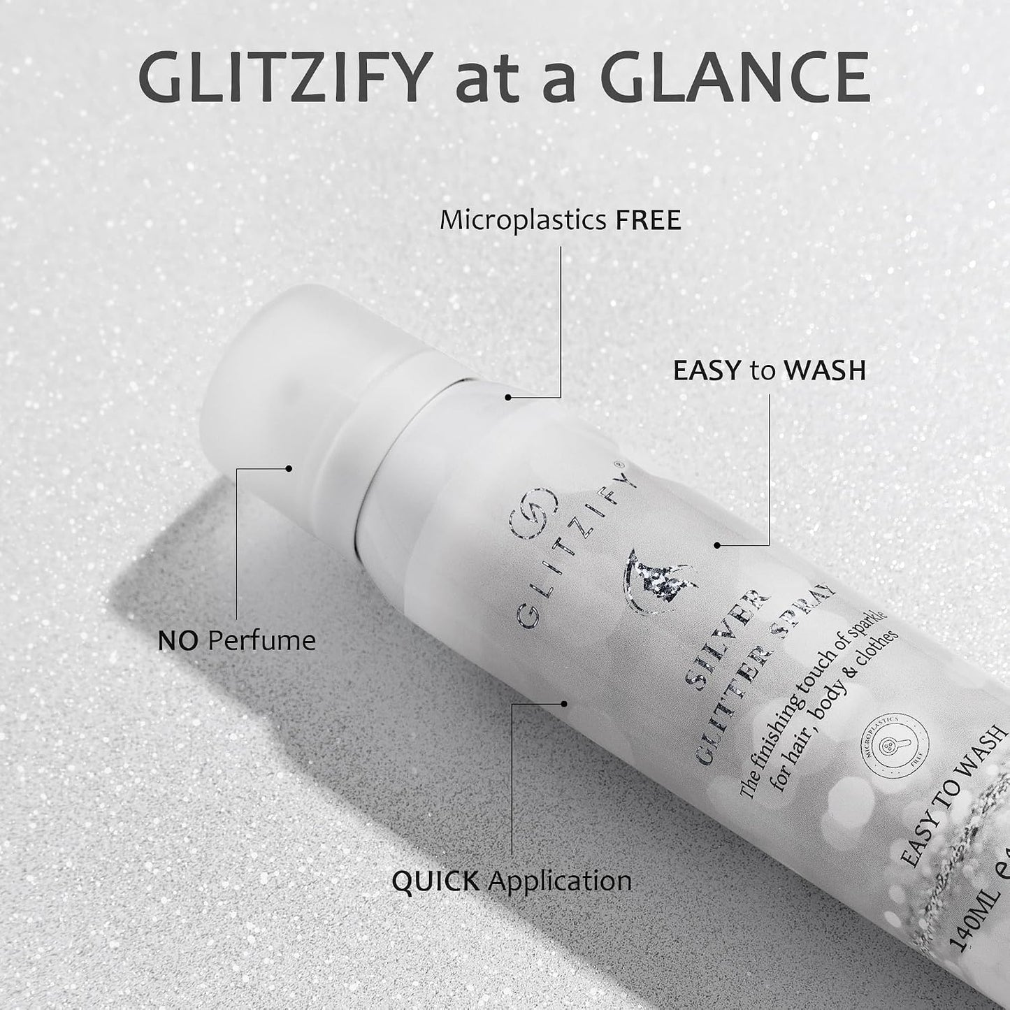 Silver Body Glitter Spray for Hair & Clothes - Eco-Friendly Festival Shimmer, Quick-Dry Washable Fragrance-Free, 140ml Sustainable Shine