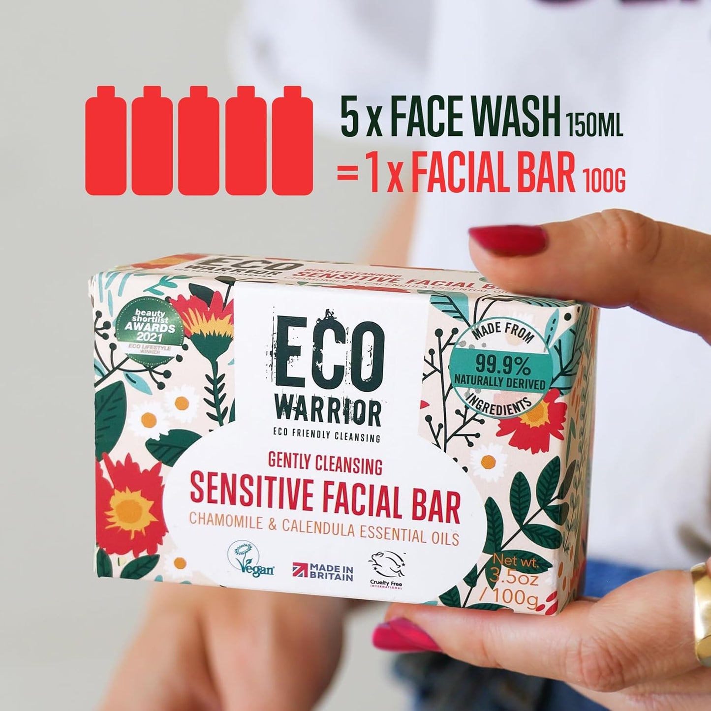 Eco Warrior Sensitive Facial Bar Soap | Vegan, Cruelty-Free, No SLS or Parabens, Eco Friendly - Gently Cleansing Natural Soap Bar Made with Castile Olive, Chamomile & Calendula Essential Oils, 100g