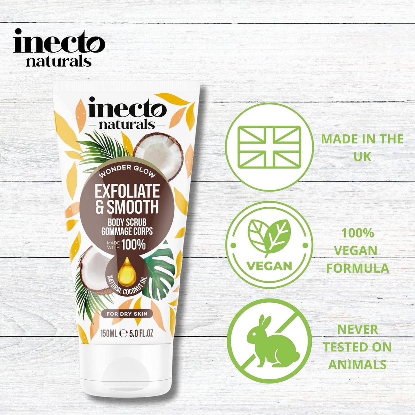 INECTO Revitalising Coconut Body Scrub 150ml, 100% Natural Nourishing Skin Exfoliating Scrub, Rich in Natural Minerals for All Skin Types, Enriched with Coconut Oil