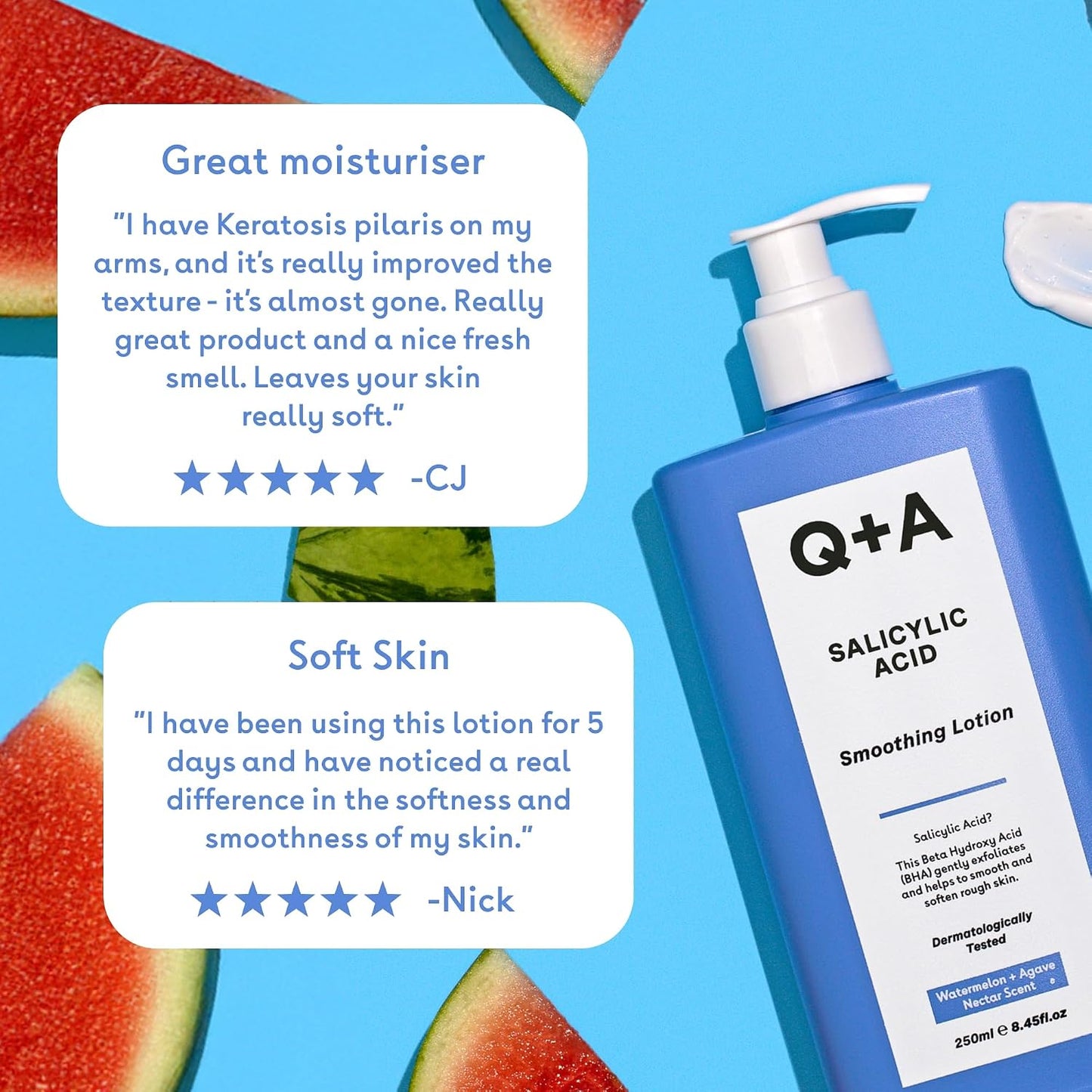 Q+A Salicylic Acid Smoothing Body Lotion (250ml), Body Moisturiser with Watermelon & Agave Scent, Body Butter Alternative, Smooths Rough Bumpy Skin, Clears Blemishes & Uneven Texture