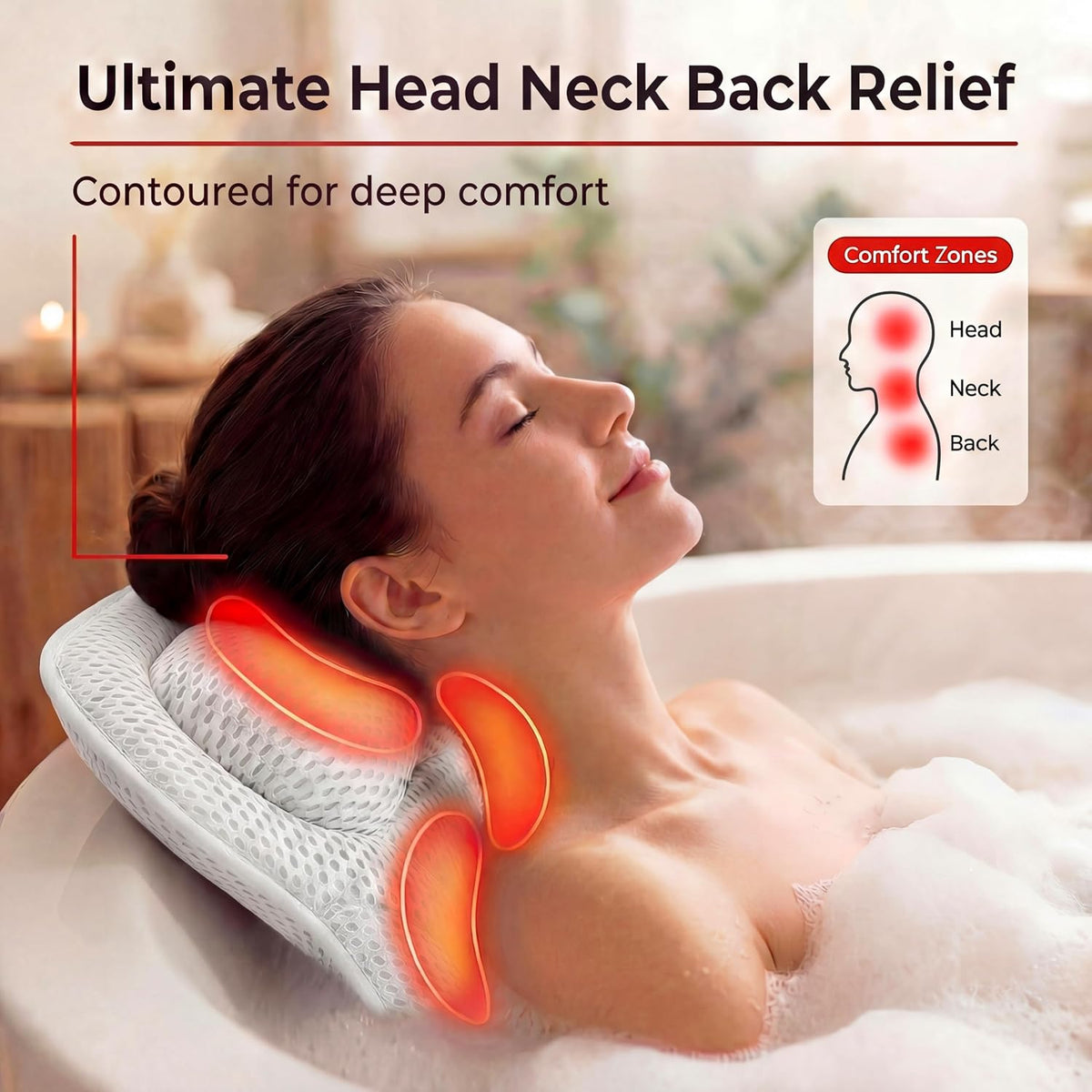 Bath Pillow LAVISMA Ergonomic Bathtub Cushion with 4D Breathable Mesh, Head, Neck, Shoulder & Back Support, 6 Strong Suction Cups, Quick Dry Spa Pillow for Bathtub Jacuzzi Hot Tub - White
