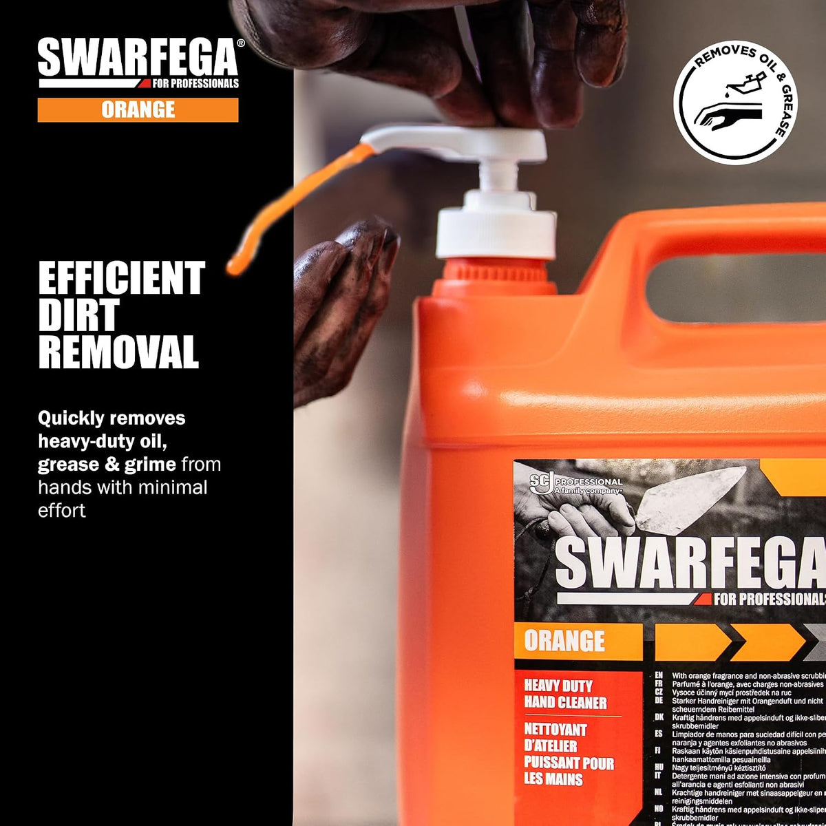 Swarfega Orange Heavy Duty Hand Cleaner 5L, for Trades People with Non‑Abrasive Scrubbing Agents, Against Oil, Grease & Industrial Dirt, Hygienic Pump System, for Professional Use Only
