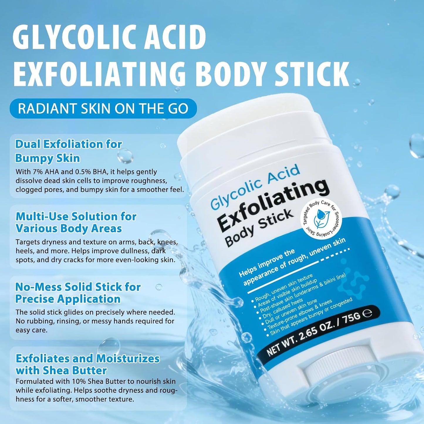 Glycolic Acid Exfoliating Body Stick, With 7% Glycolic Acid & 0.5% Salicylic Acid, Shea Butter for Smooth Rough & Bumpy Skin, Soften Dry Skin Gentle Body Exfoliation - 75g