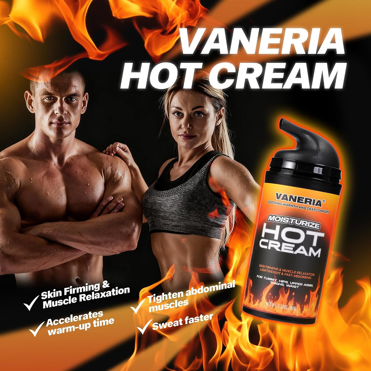 VANERIA Hot Cream 100g,Cellulite Tightening Cream,Skin Firming & Muscle Relaxation, for Tummy, Hips,Abdomen,Legs, Arms,Waist,Long Lasting & Moisturizing Pre and Post Workout Lotion100g/3.38oz