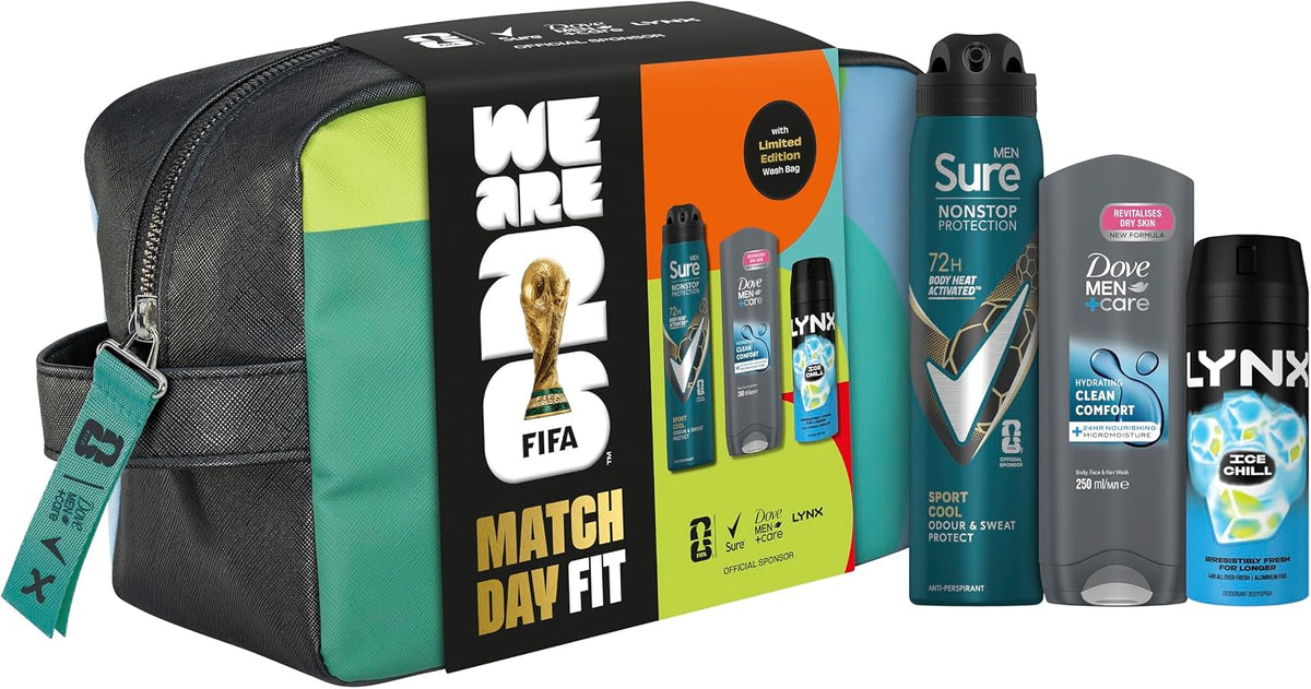 Dove, Lynx, Sure Gift Set Washbag for Him with an advanced anti-perspirant, body wash, body spray & limited edition wash bag Match Day Fit for him 3 piece