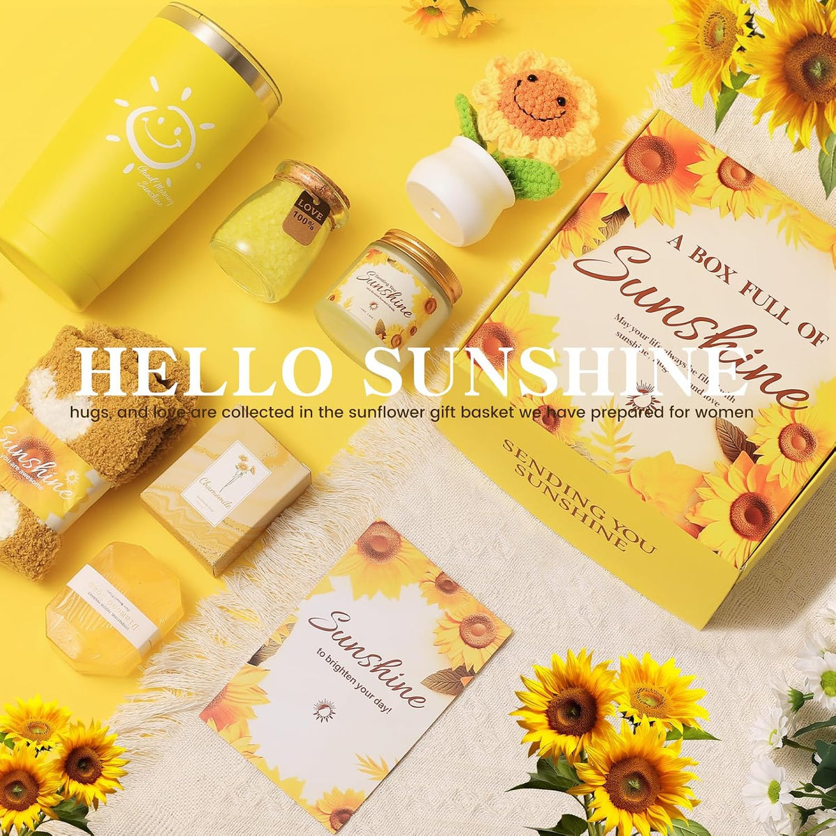 Birthday Hampers Pamper Gifts for Women Sisters - 7 Pcs Sunshine Self Care Gift Basket Set - Friendship Care Package - Cheer Up Thinking of You Gift Box for Her - Get Well Soon Thank You Present