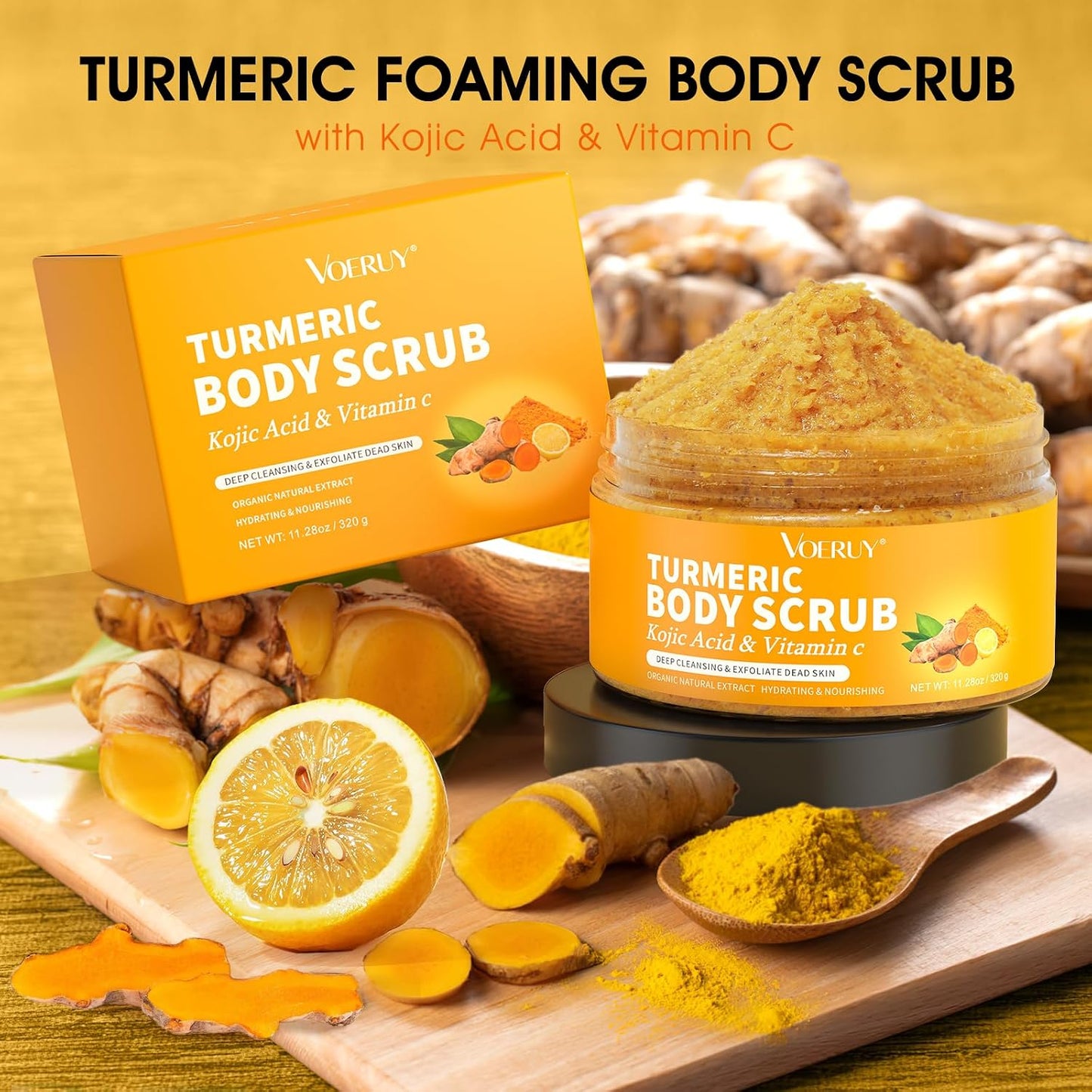 Body Scrub,Turmeric Exfoliating Body Scrub, with Coconut Oil & Vitamin C, Gently Exfoliate Body Hand and Foot Scrub, Natural Deep Cleansing,Moisturized Skin for Women and Men, 11.28oz/320g
