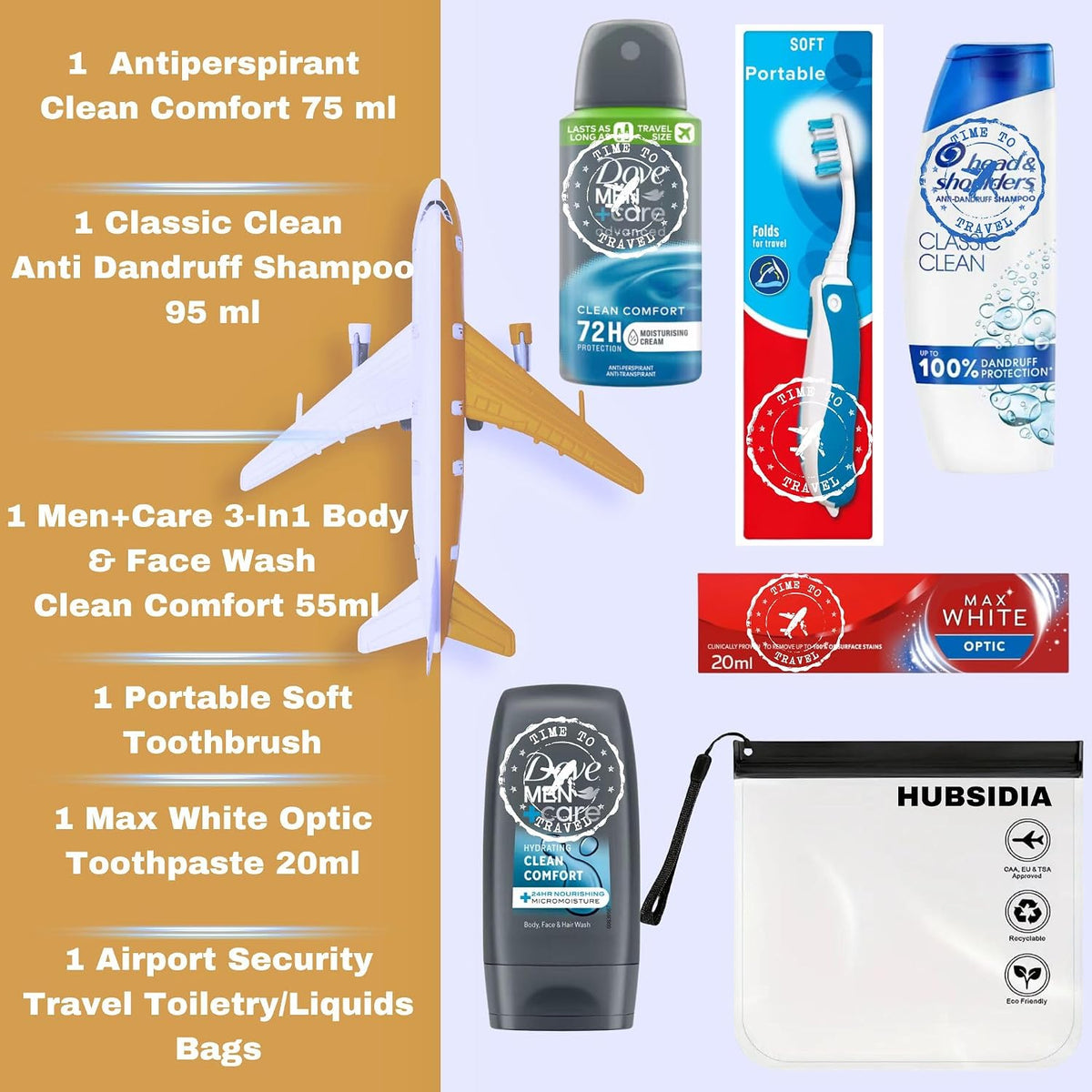 Travel Size Toiletries Essentials Set for Men, Holiday Mini Travel Toiletries Set, All In A Hubsidia Airport Approved Travel Bag