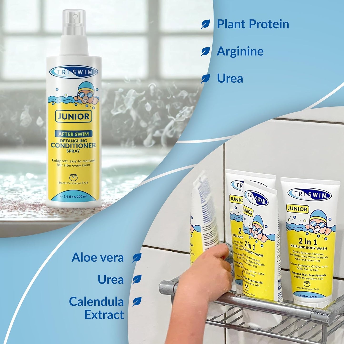 TRISWIM Junior After Swim Detangling Conditioner Spray for Kids | Protects & Repairs Hair Damaged by Chlorine, Pool Chemicals & Saltwater | Post Swimming Hair Detangler | Sweet Persimmon Fruit, 200 ml