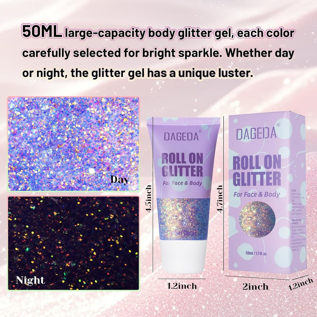 Prreal 50ml Roll-on Body Glitter, Holographic Face Glitter Gel for Eye Hair, Mermaid Sequins Festival Accessories, Chameleon Color Body Shimmer Glitters Face Paint Makeup Rave Outfits, Mermaid