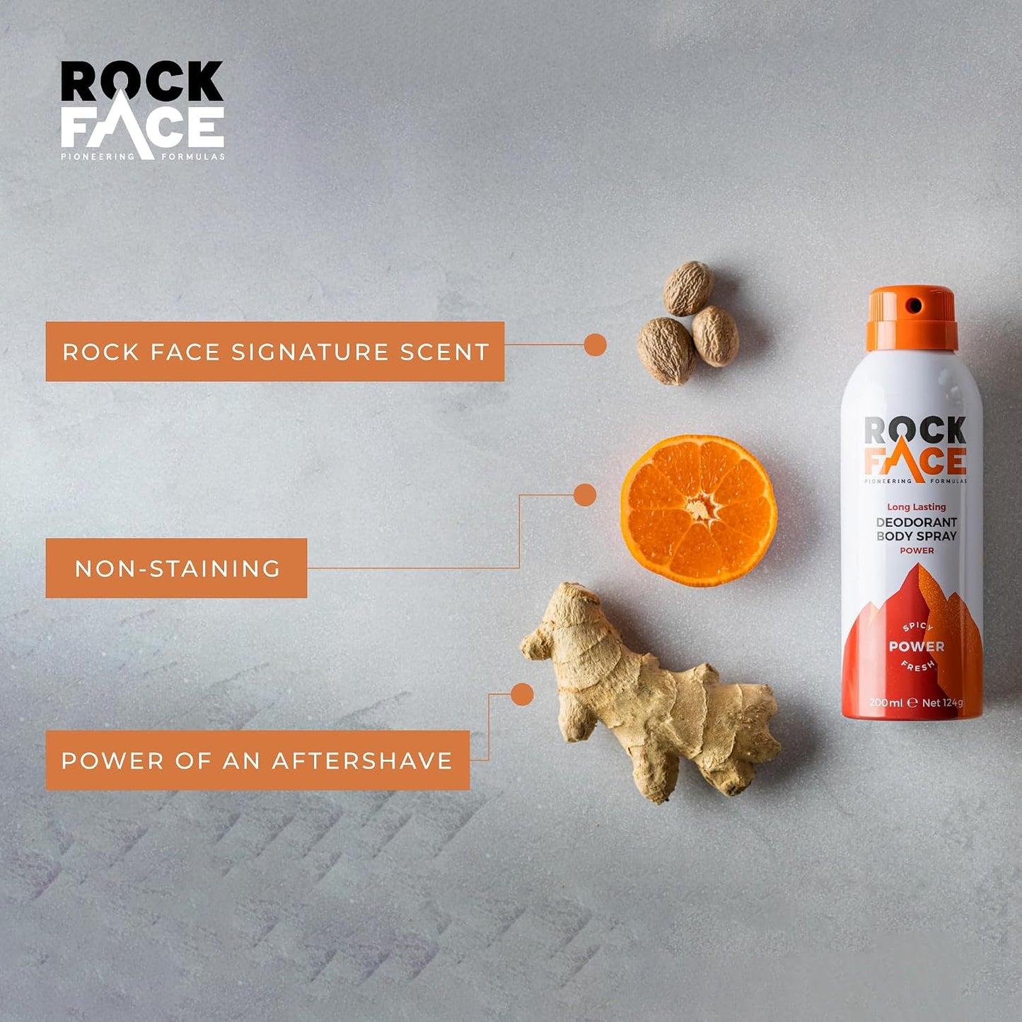 Rock Face Men's Body Spray - Power Fragrance Body Spray Deodorant for Men, 200ml, Spicy Oriental Scent, Long Lasting