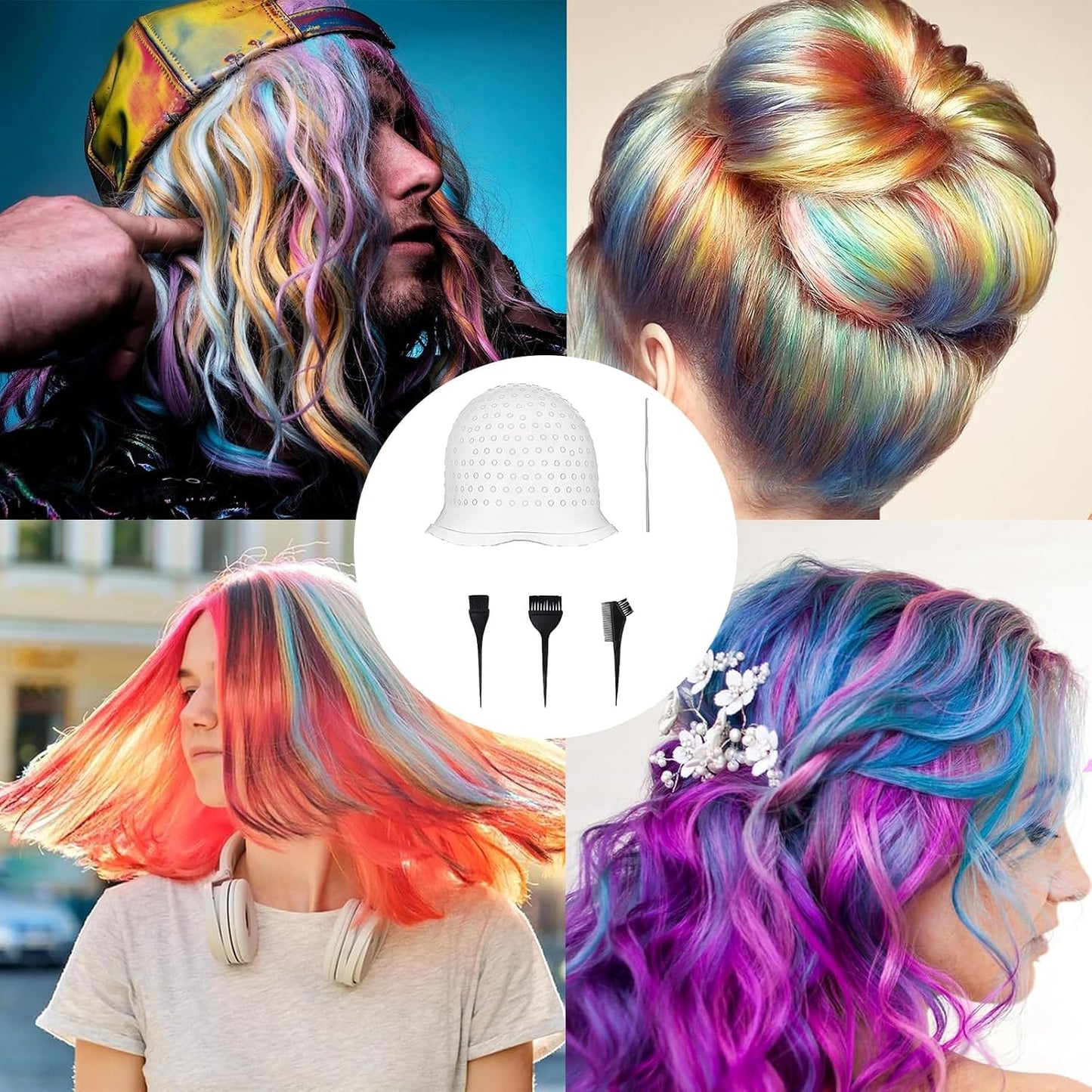 5 Piece Set Highlighting Cap, Highlighting Kit, Highlights Hair Dye Kit, Hair Coloring Brushes And Needle,Highlighting Frosting Cap, Professional Salon Silicone Hairdressing Tools For Women Men