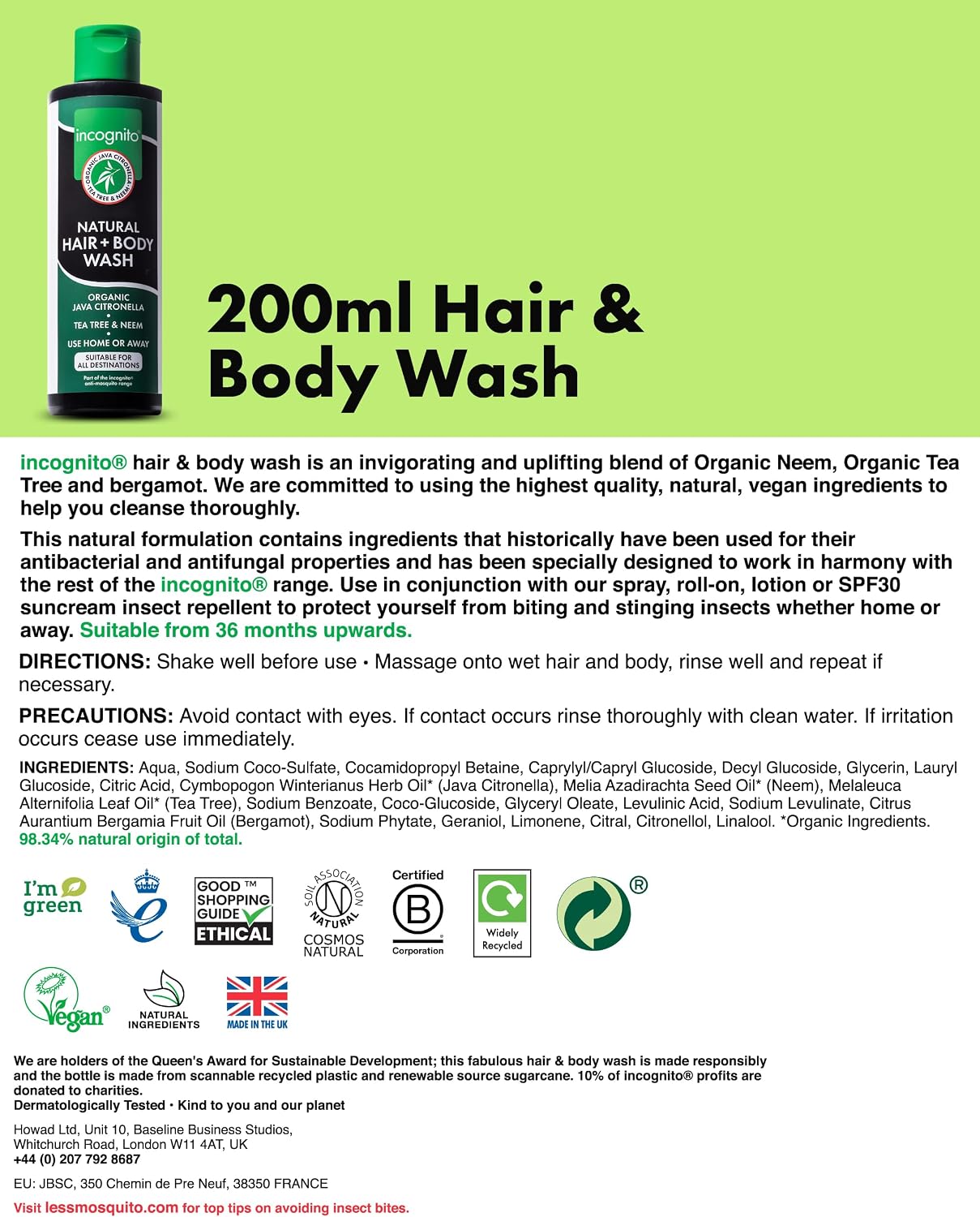 Incognito Java Citronella Hair & Body Wash 200ml - Insect and Mosquito Repellent - Nourishes and Promotes Healthy Strong Hair and Skin - Reduces Dandruff & Head Lice - Suitable For Both Men and Women