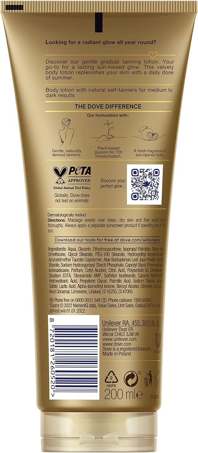 Dove Summer Revived Medium to Dark Gradual Tanning Lotion For a Sun-Kissed Glow Self Tan Body Lotion Tanning Lotion For All Skin Types, 200 ml (Pack of 1)