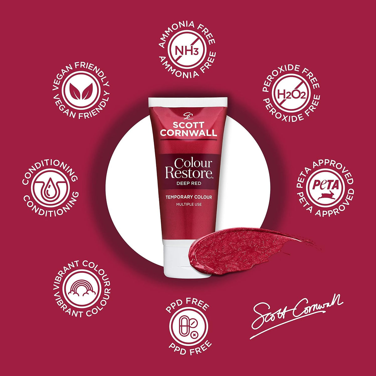 Scott Cornwall Colour Restore Deep Red Hair Dye Cream, Ammonia-Free Vegan Formula with Red Pigments, 100 ml