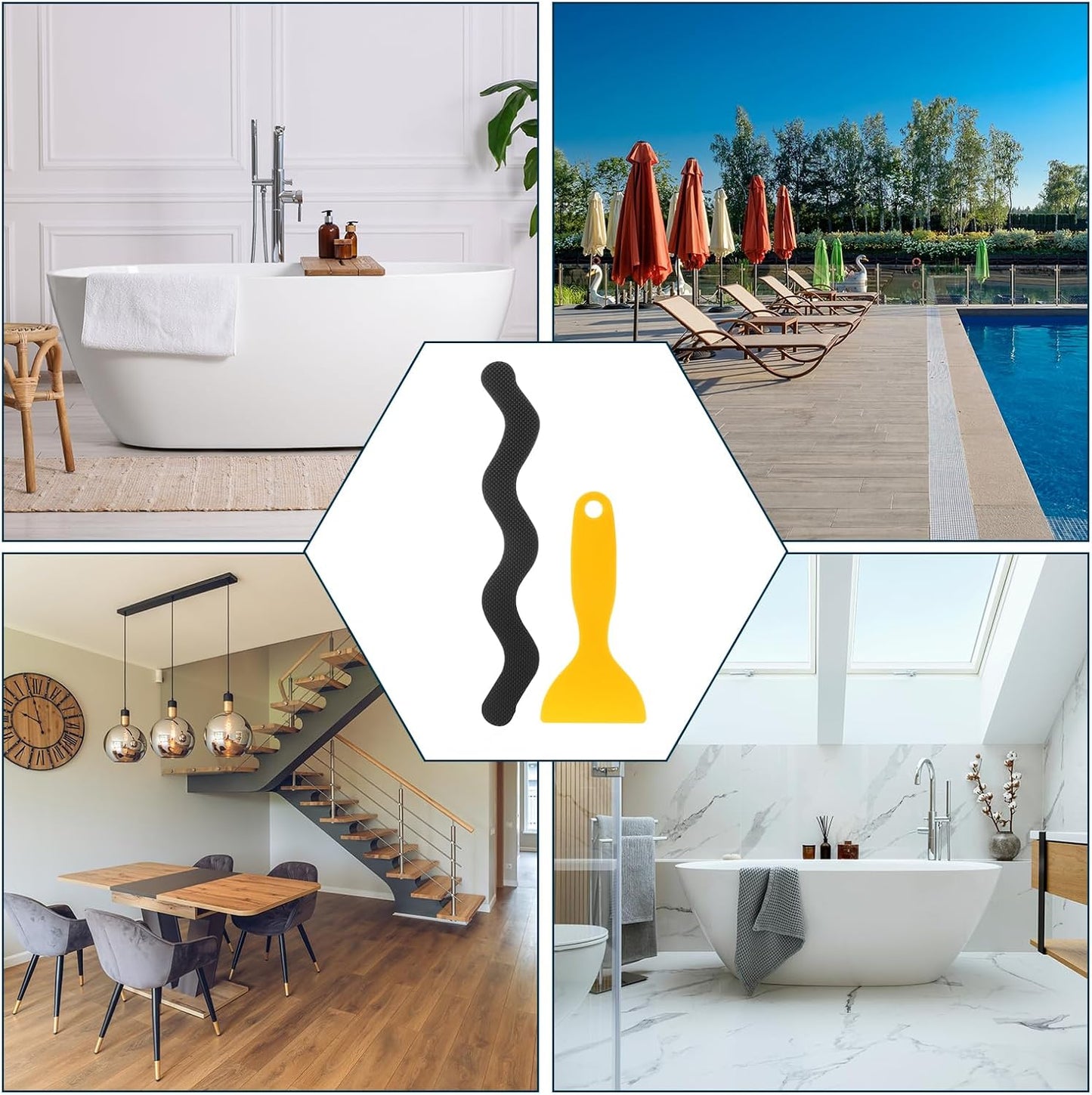 sourcing map 24pcs Non-Slip Bathtub Stickers, Anti Slip Shower Stickers Safety Shower Treads Adhesive Appliques with Scraper for Bath Tub Shower Stairs, Black