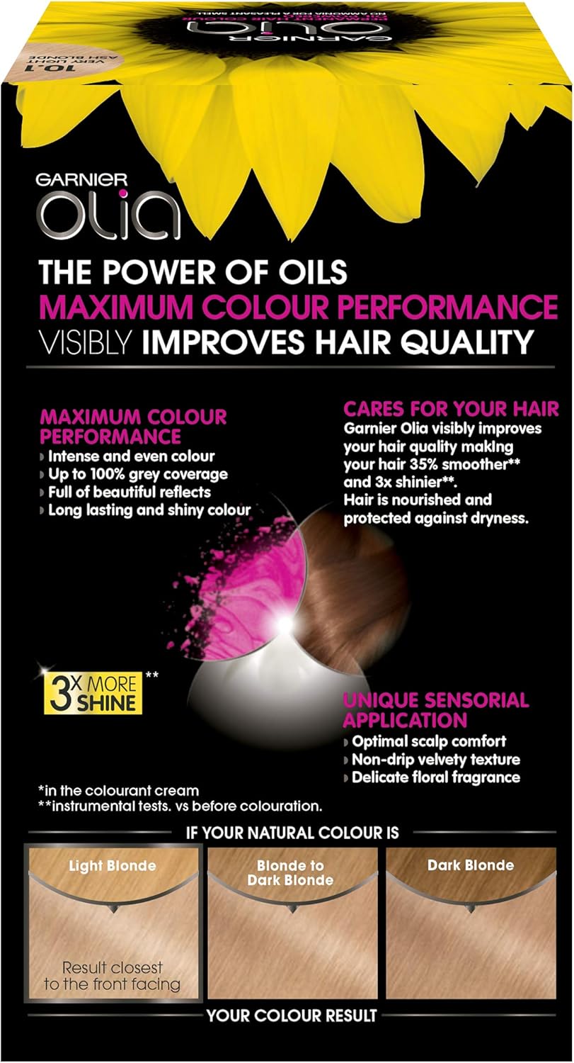 Garnier Olia 10.1 Very Light Ash Blonde, no-ammonia permanent dye. Oil-powered for ultra-luminous, long-lasting results and shine, achieving a beautiful very light ash blonde.